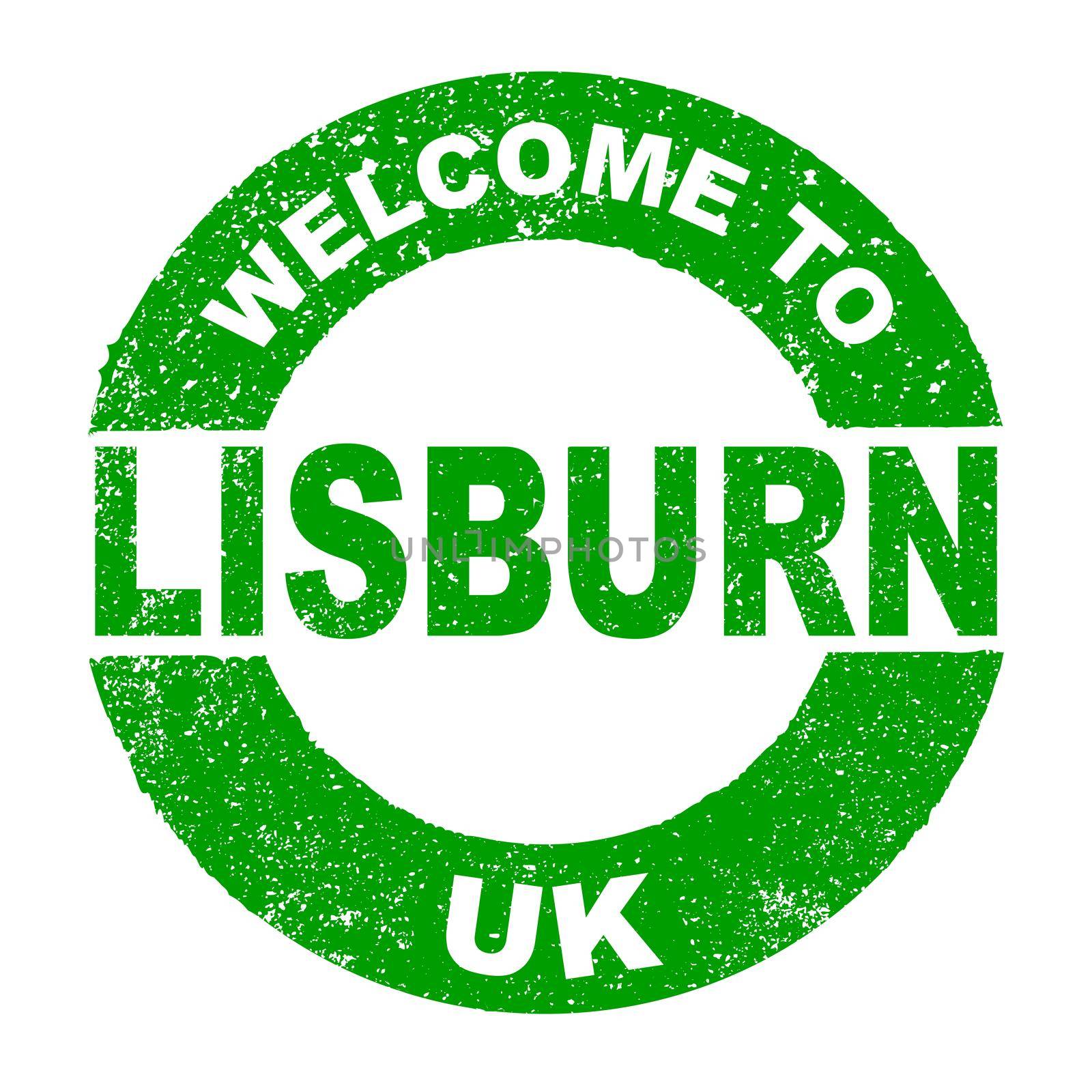 A grunge rubber ink stamp with the text Welcome To Lisburn UK over a white background