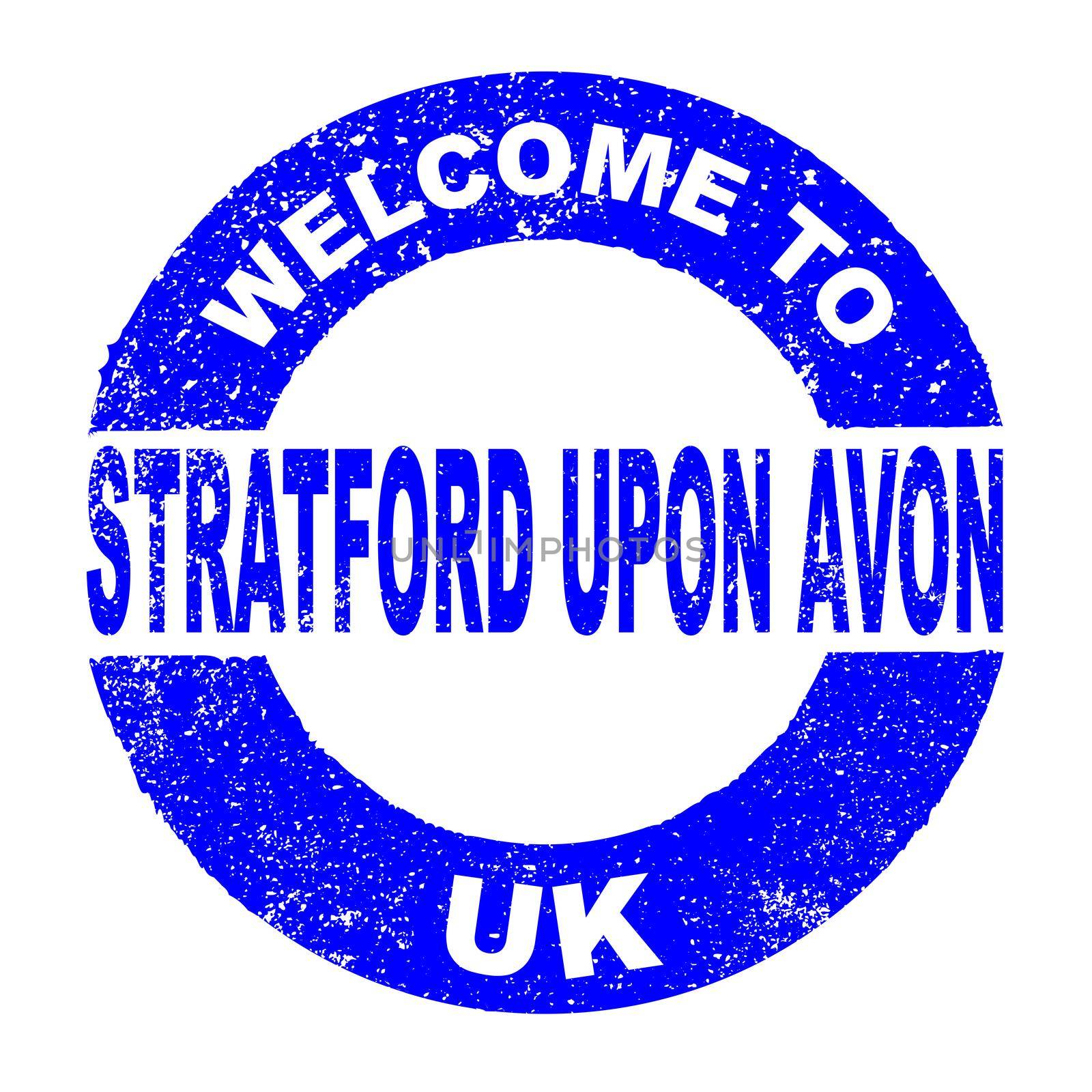 A grunge rubber ink stamp with the text Welcome To Stratford Upon Avon UK over a white background
