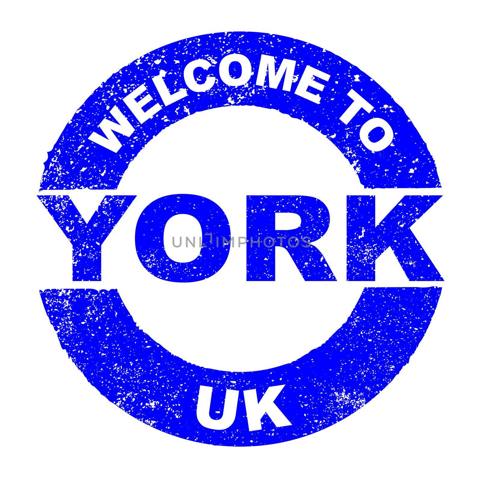 A grunge rubber ink stamp with the text Welcome To York UK over a white background