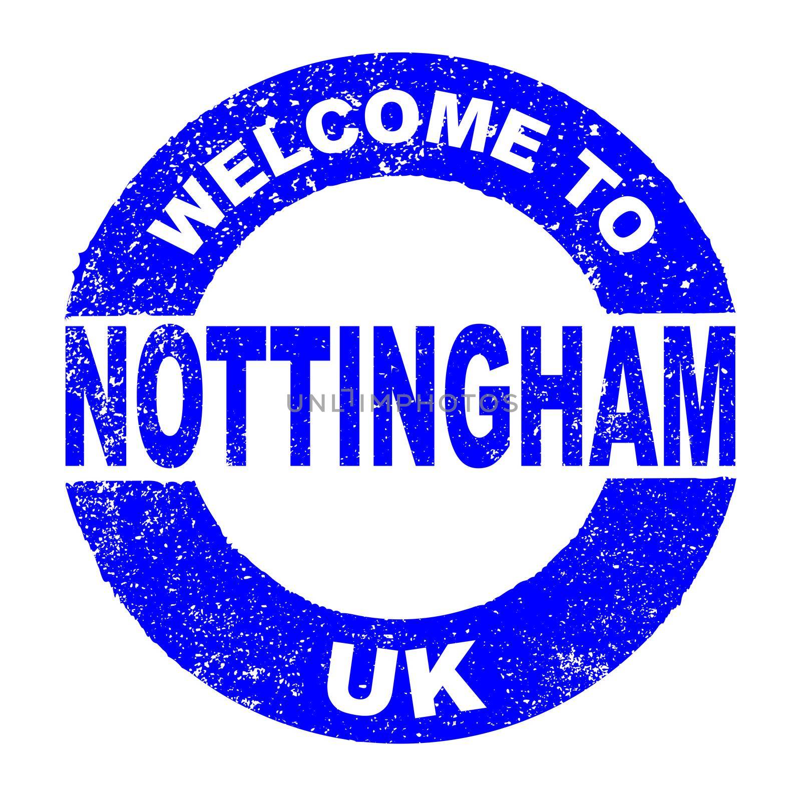 A grunge rubber ink stamp with the text Welcome To Nottingham UK over a white background