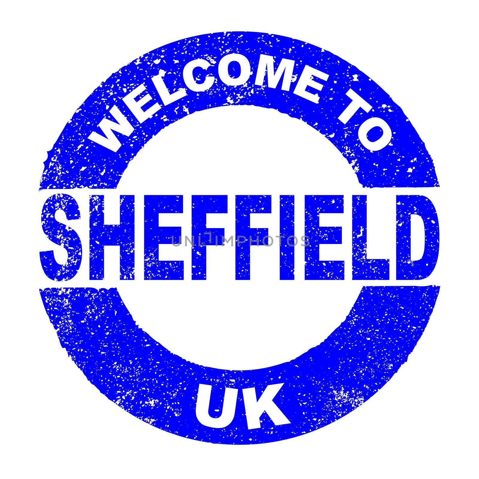 A grunge rubber ink stamp with the text Welcome To Sheffield UK over a white background