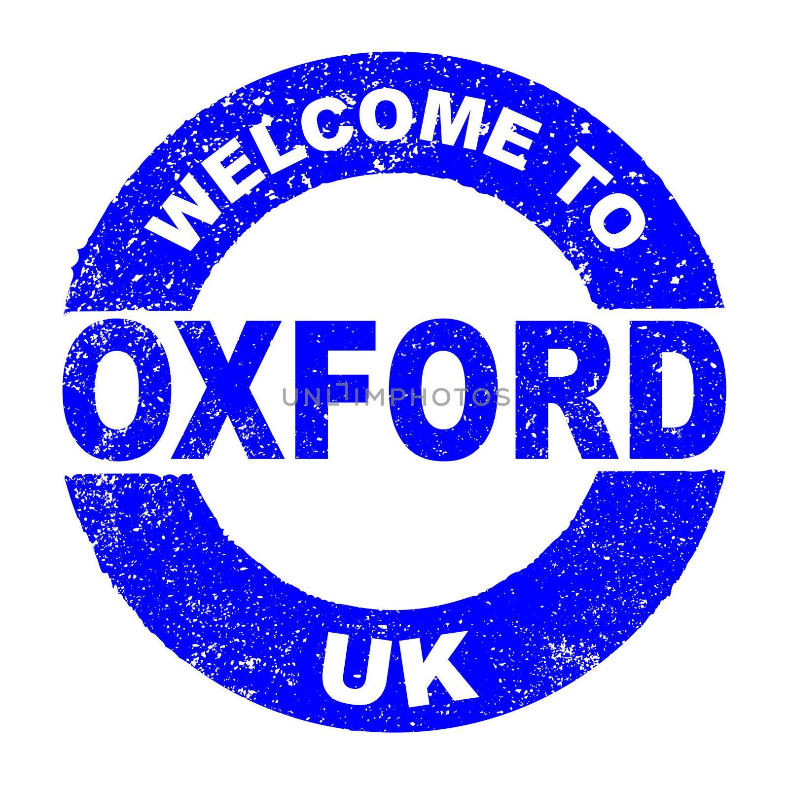 A grunge rubber ink stamp with the text Welcome To Oxford UK over a white background