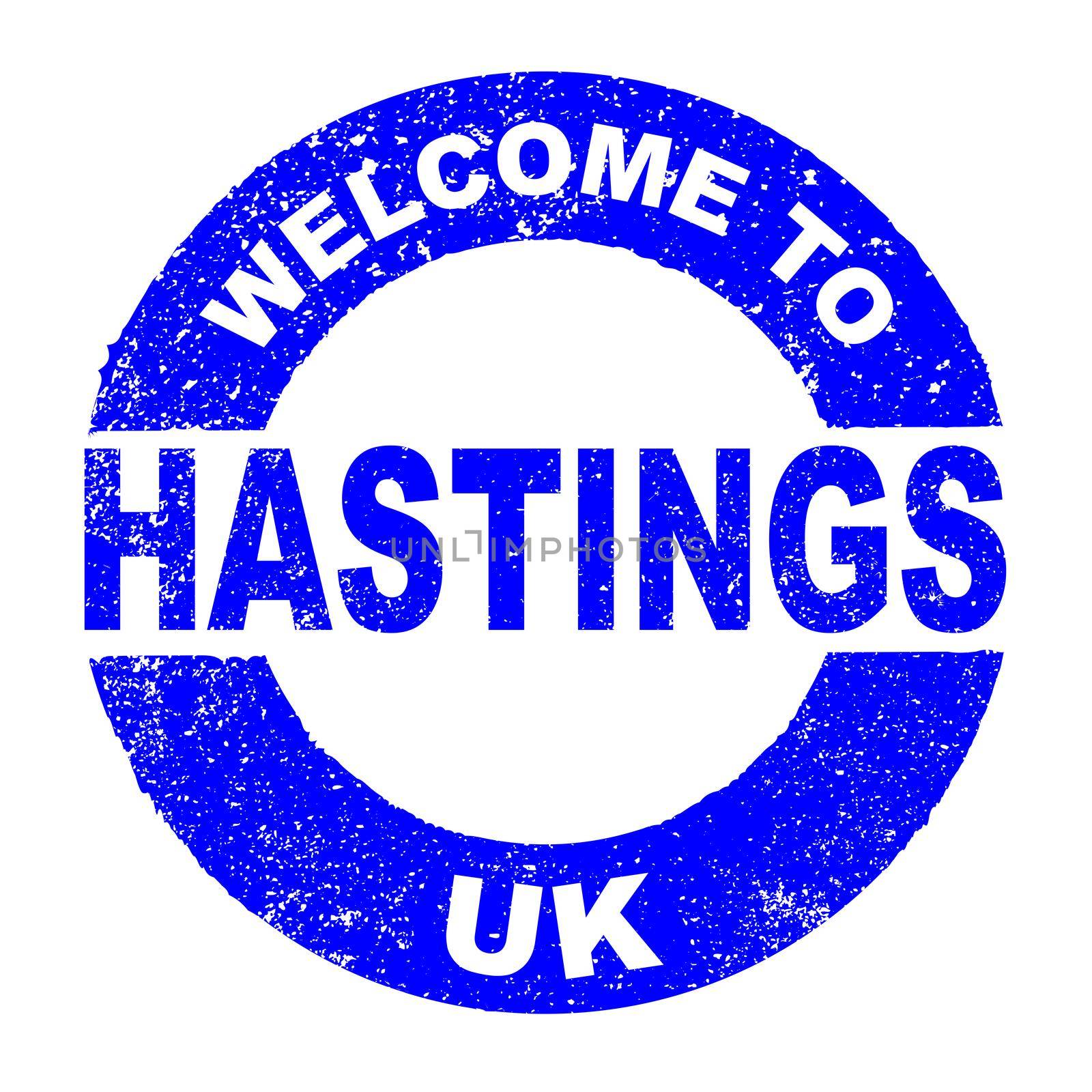A grunge rubber ink stamp with the text Welcome To Hastings UK over a white background