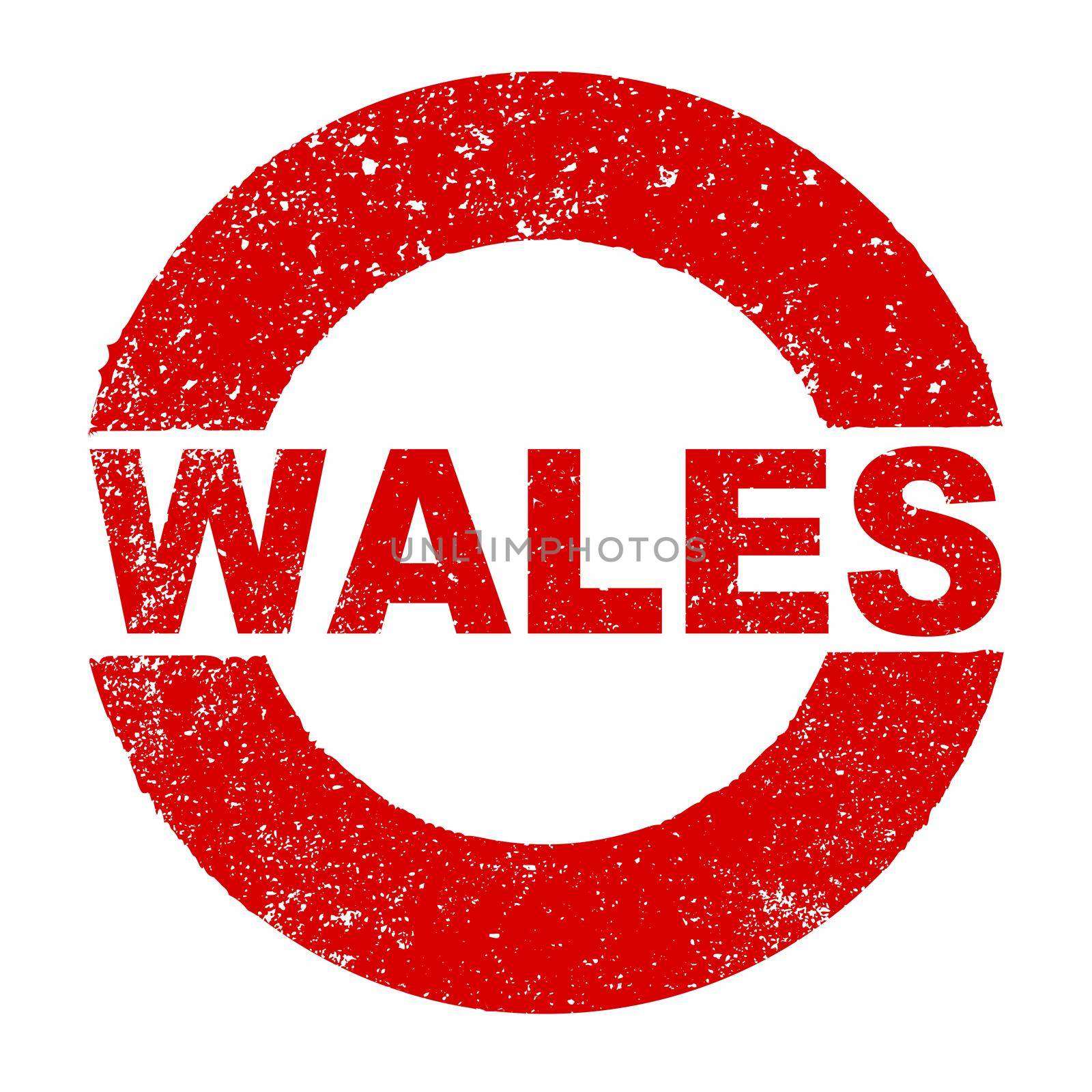 A grunge rubber ink stamp with the text Wales over a white background