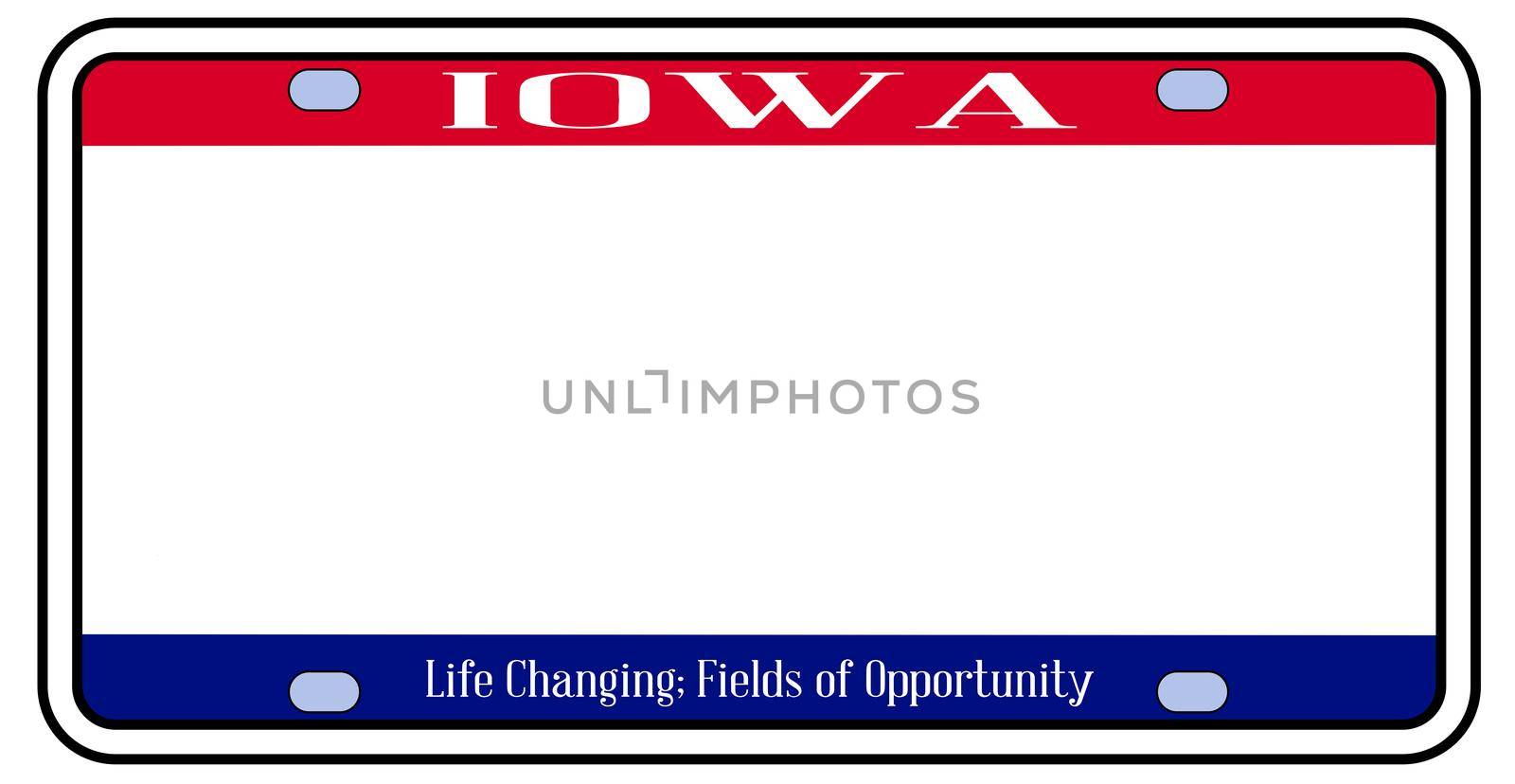 Blank Iowa state license plate in the colors of the state flag over a white background