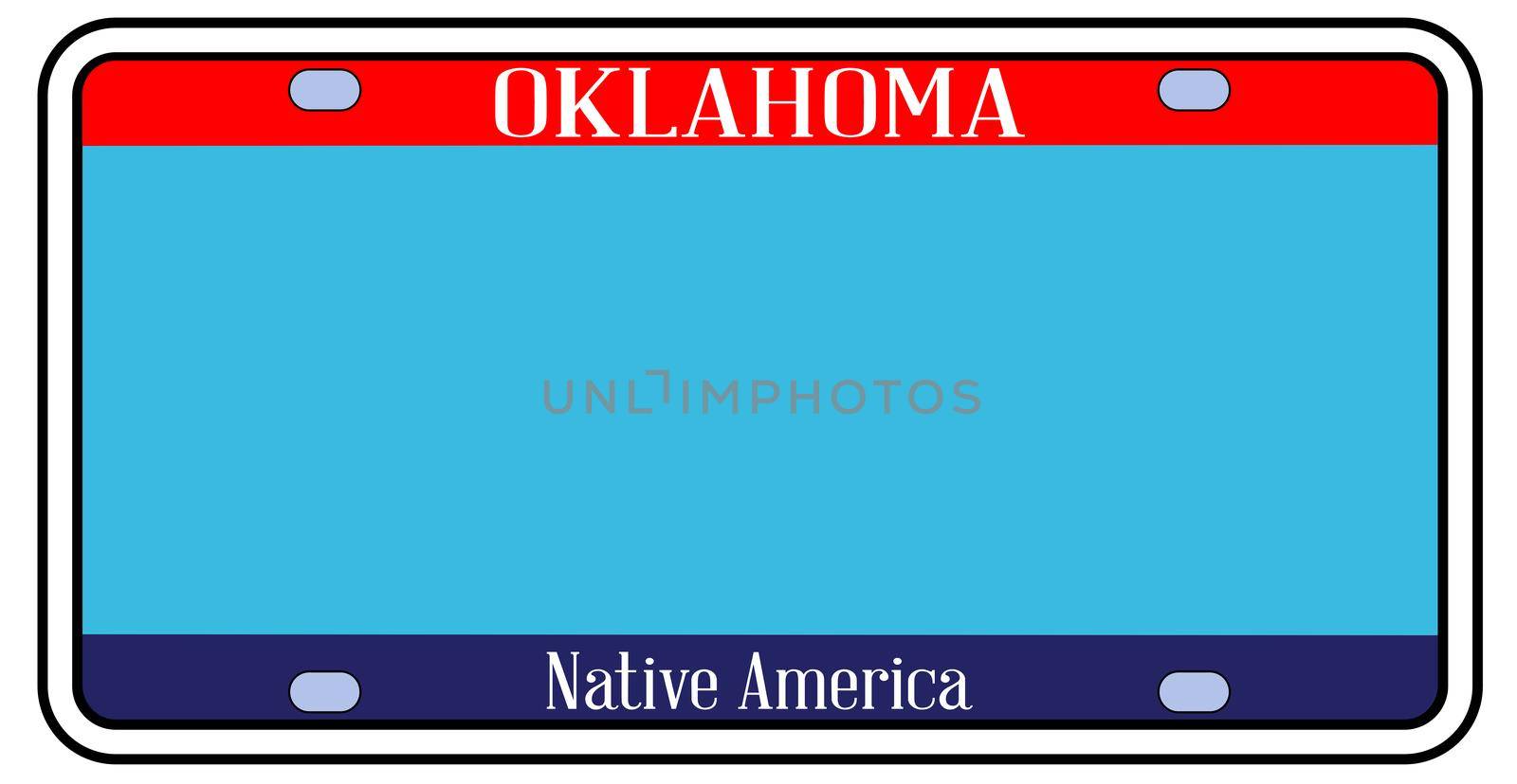 Blank Oklahoma state license plate in the colors of the state flag over a white background