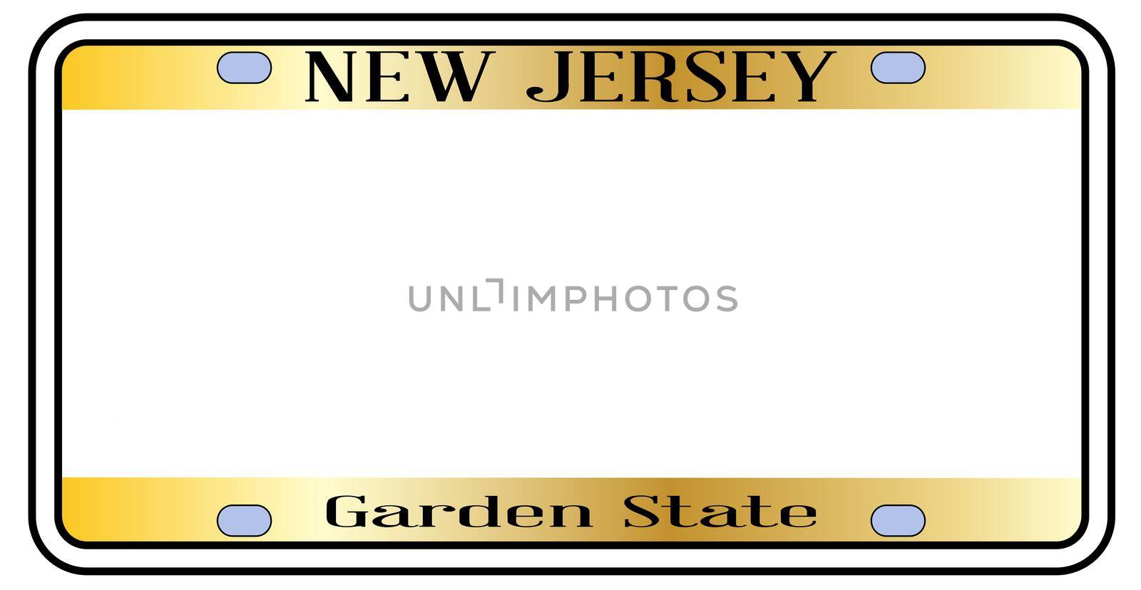 New Jersey state license plate in the colors of the state flag with the flag icons over a white background