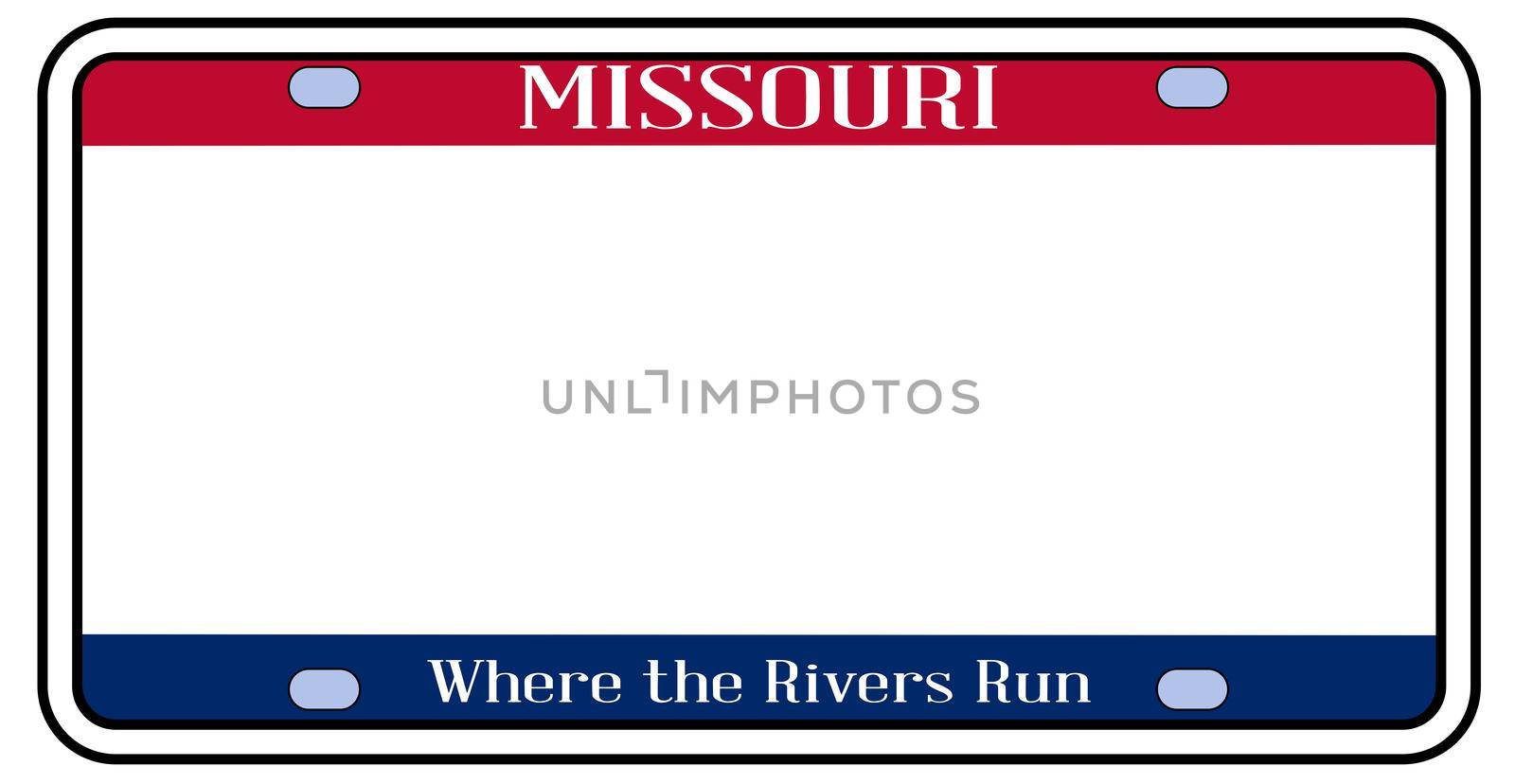 Blank Missouri state license plate in the colors of the state flag over a white background