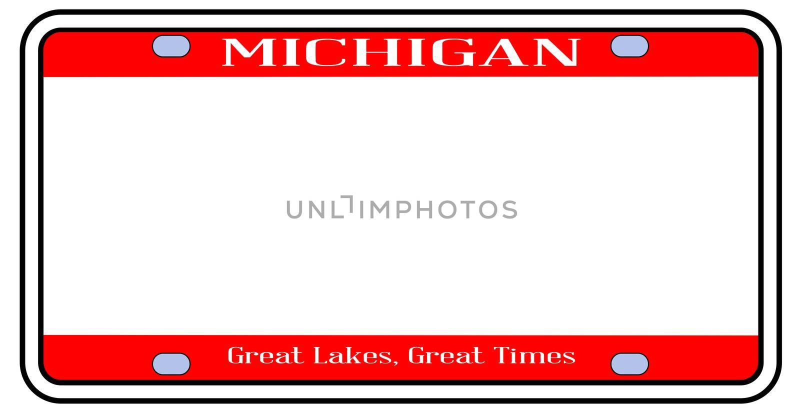 Michigan state license plate in the colors of the state flag over a white background