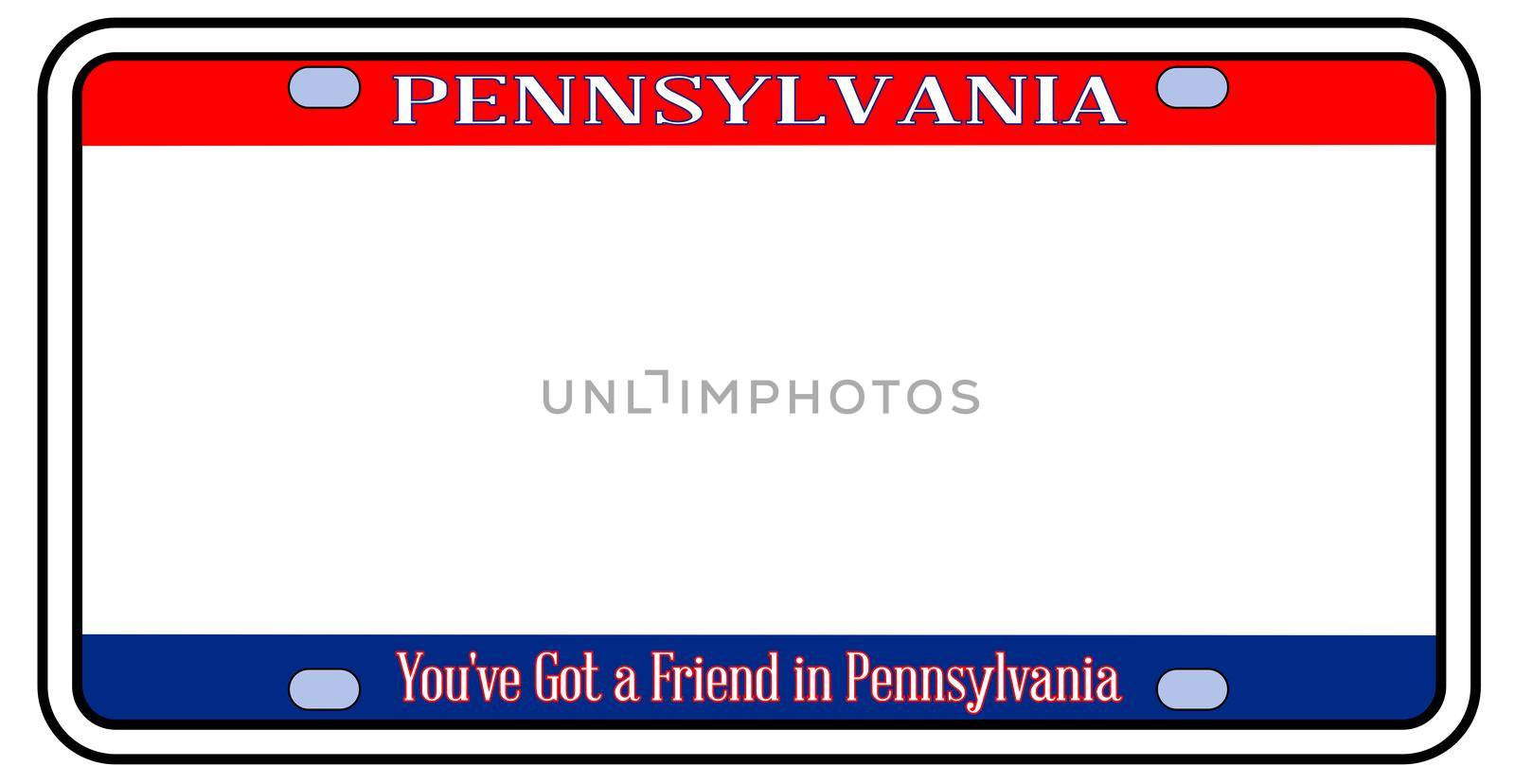 Blank Pennsylvania license plate in the colors of the state flag over a white background