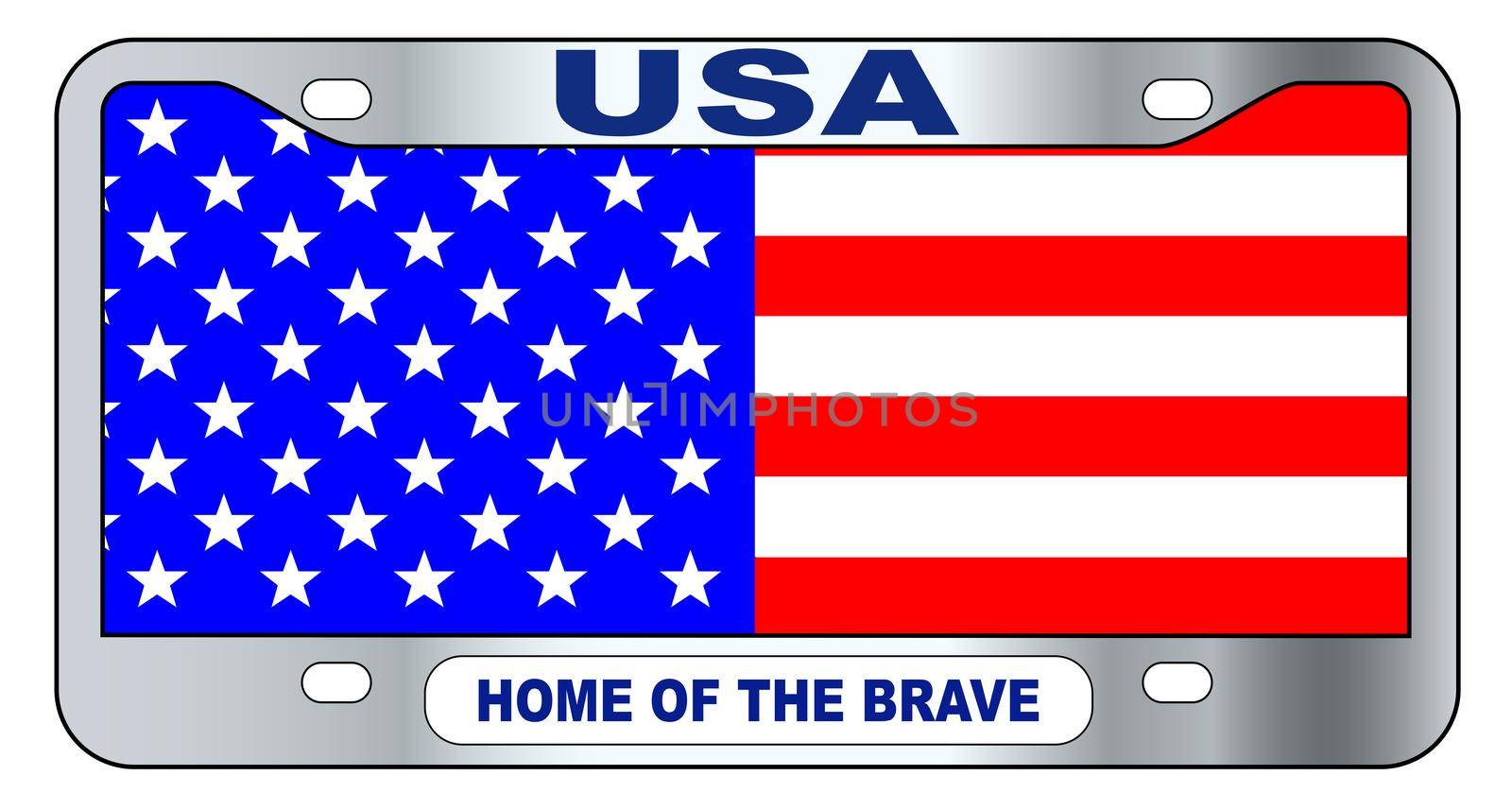 USA spoof state license plate in the colors of the Stars and Stripes flag over a white background with the legend HOME OF THE BRAVE