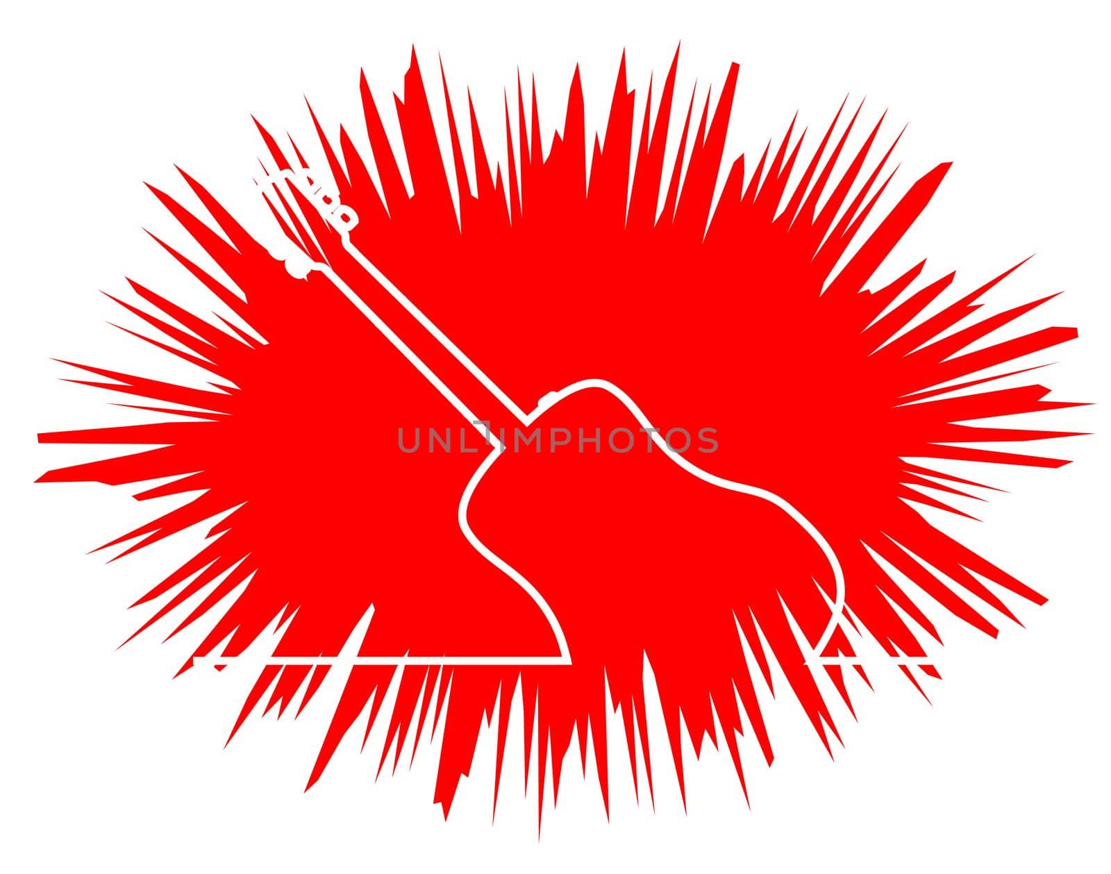 A acoustic guitar in a continuous white line over a red exploive background