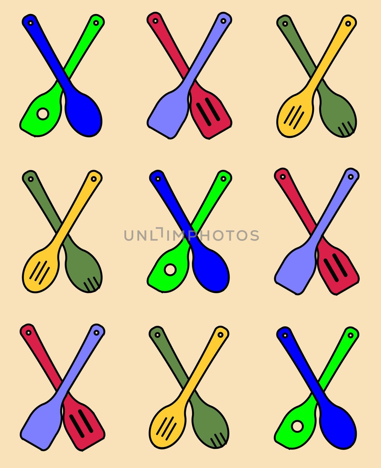 A collection of wooden kitchen tools in a seamless repeating pattern over a pale background