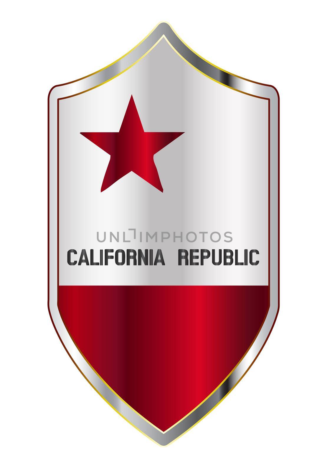 A typical crusader type shield with the state flag of California all isolated on a white background