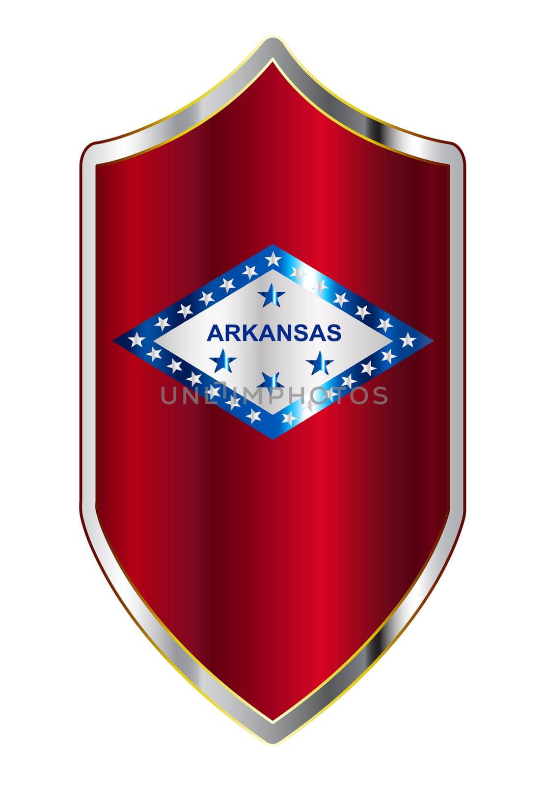 A typical crusader type shield with the state flag of Arkansas all isolated on a white background