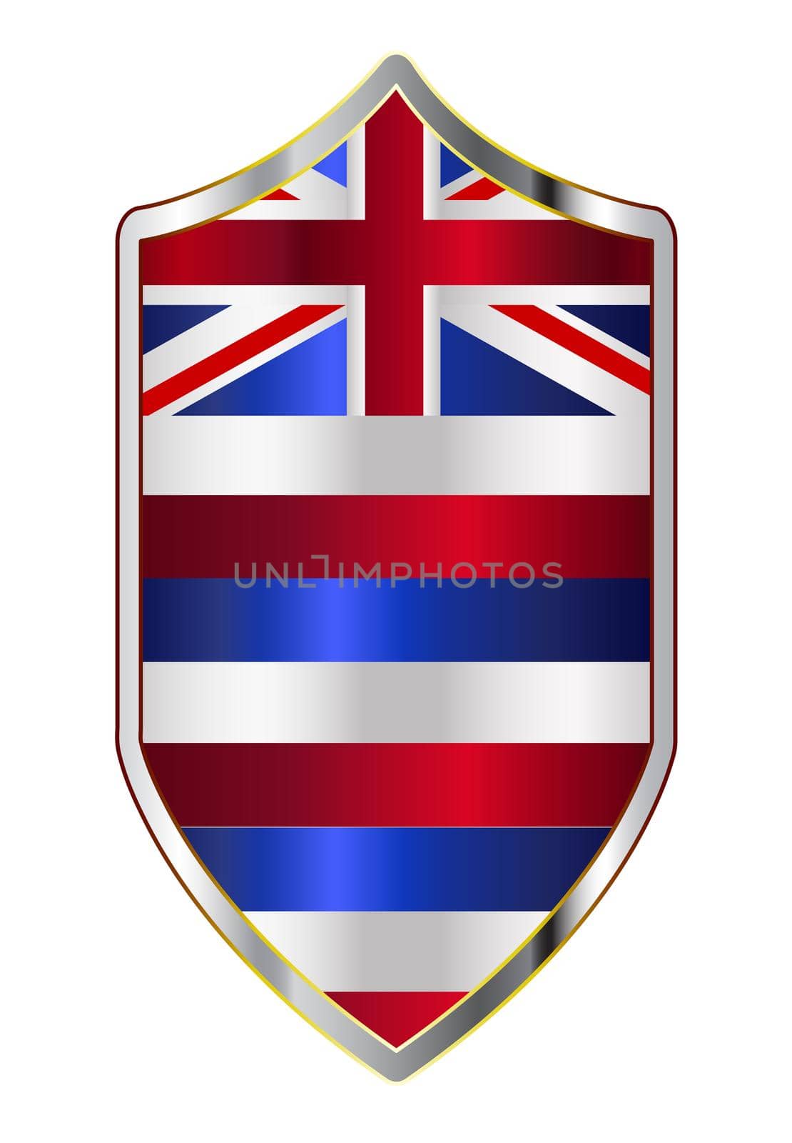 A typical crusader type shield with the state flag of Hawaii all isolated on a white background