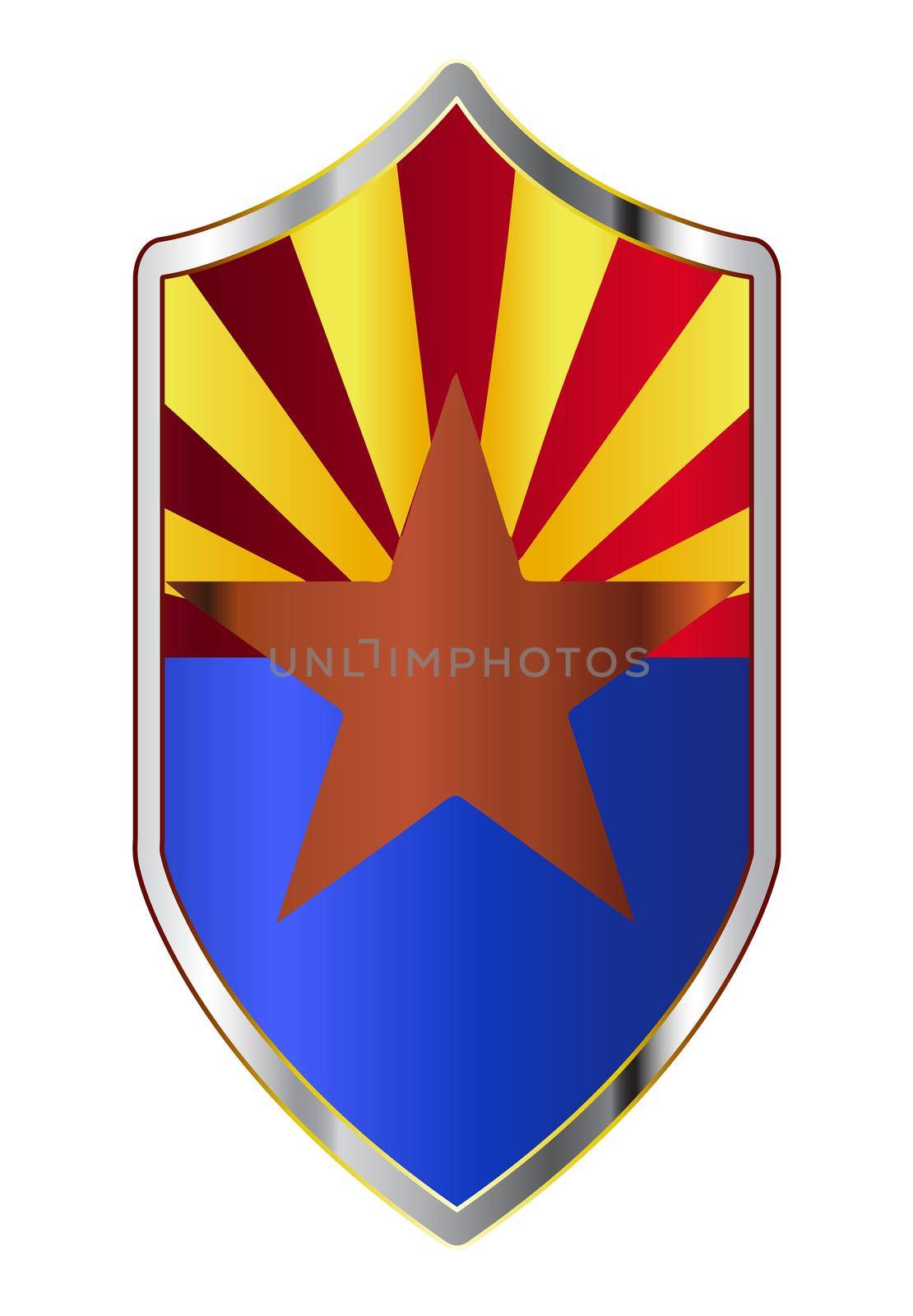 A typical crusader type shield with the state flag of Arizona all isolated on a white background