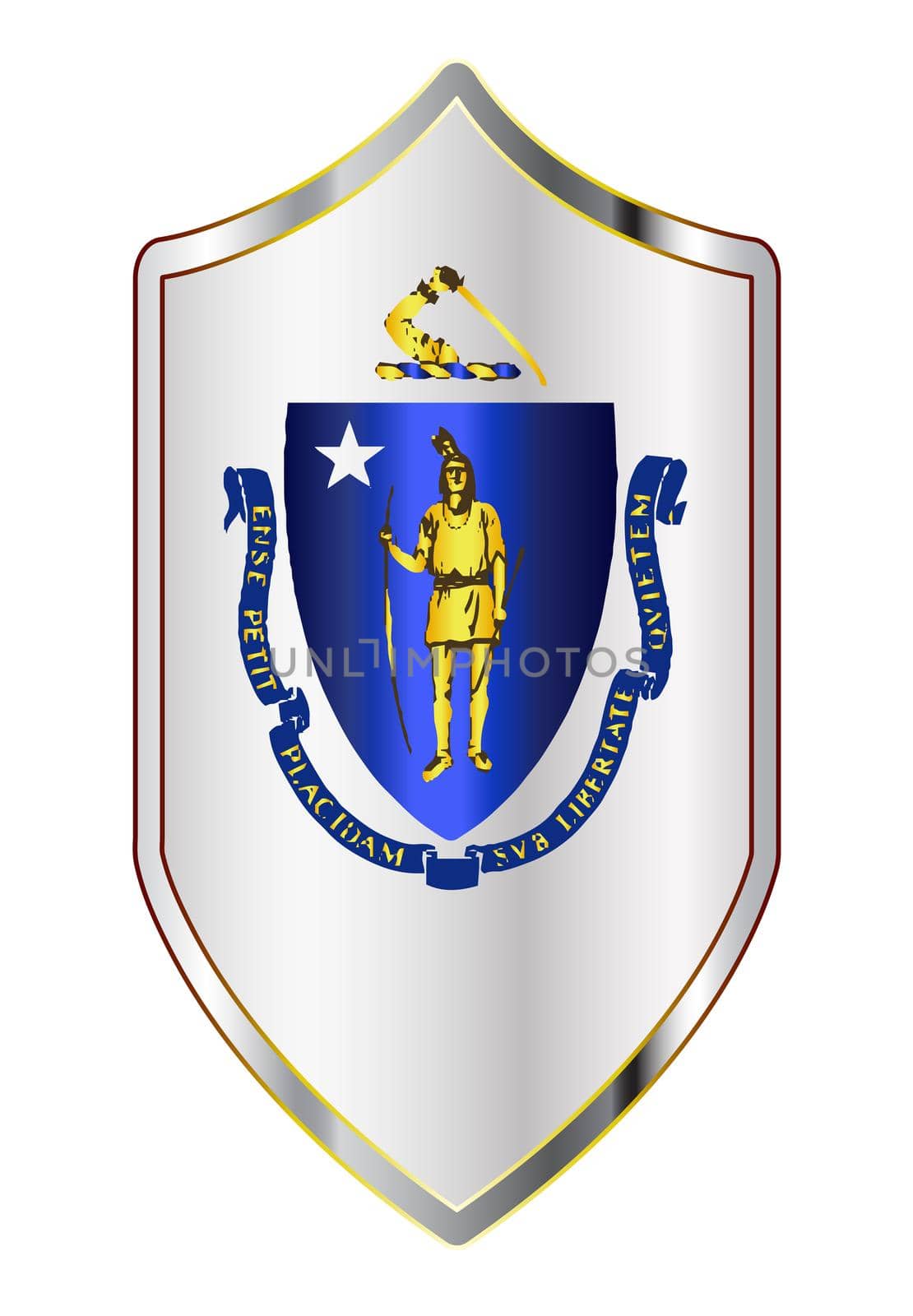 A typical crusader type shield with the state flag of Massachusetts all isolated on a white background