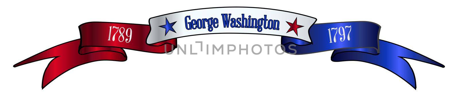 A red white and blue satin or silk ribbon banner with the text George Washington and stars