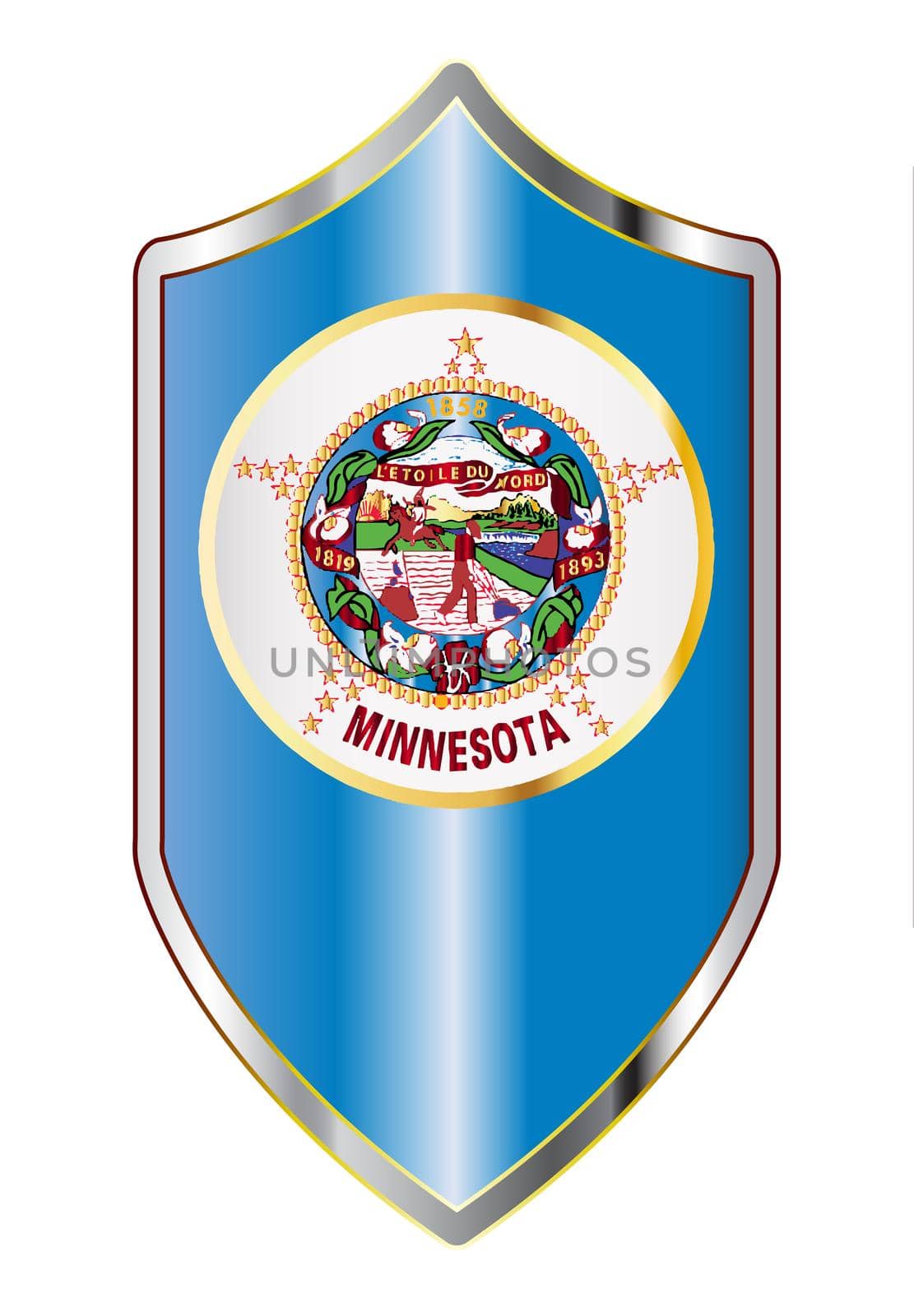 A typical crusader type shield with the state flag of Minnesota all isolated on a white background