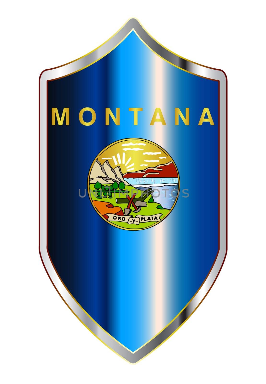 A typical crusader type shield with the state flag of Montana all isolated on a white background