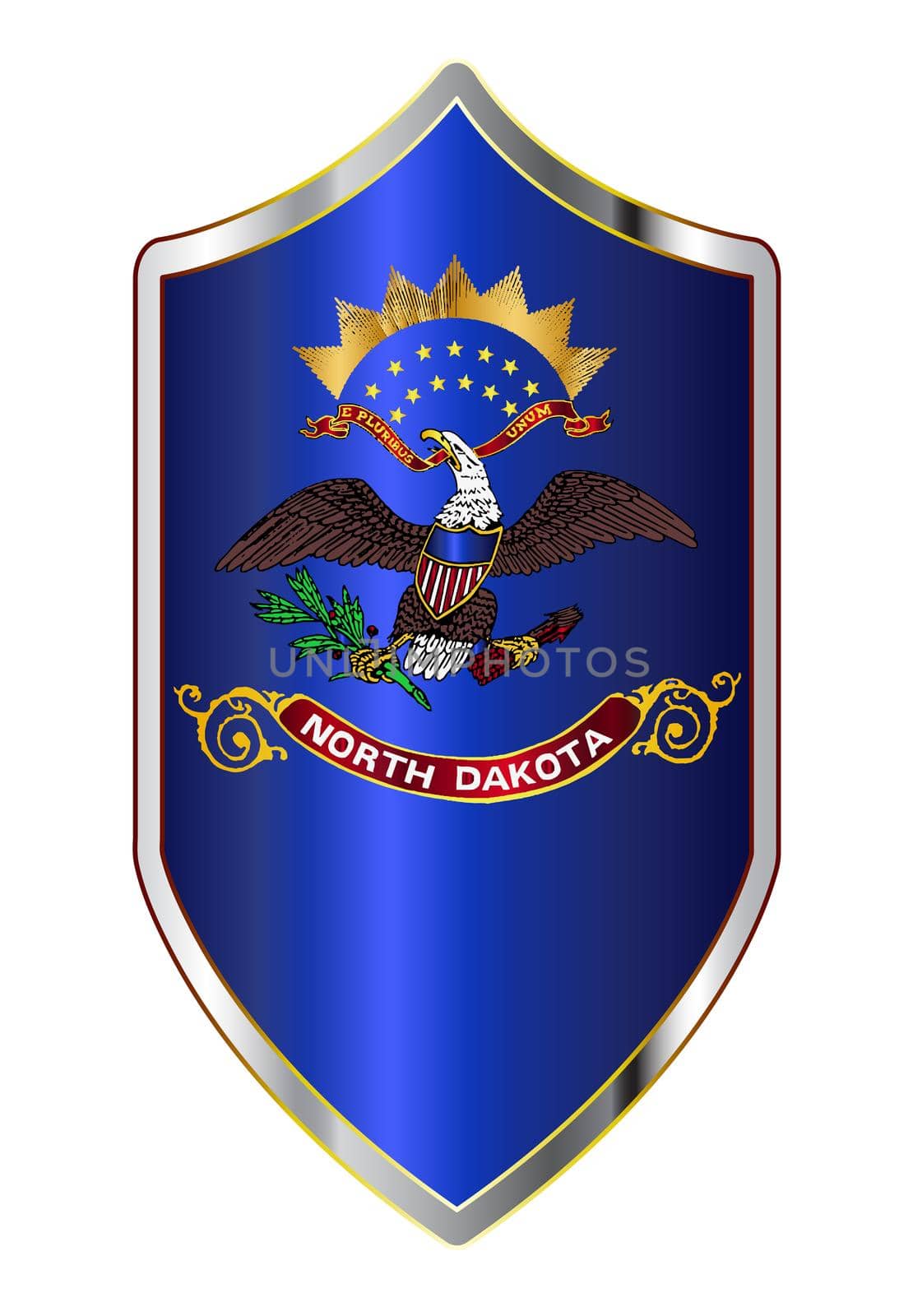 A typical crusader type shield with the state flag of North Dakota all isolated on a white background