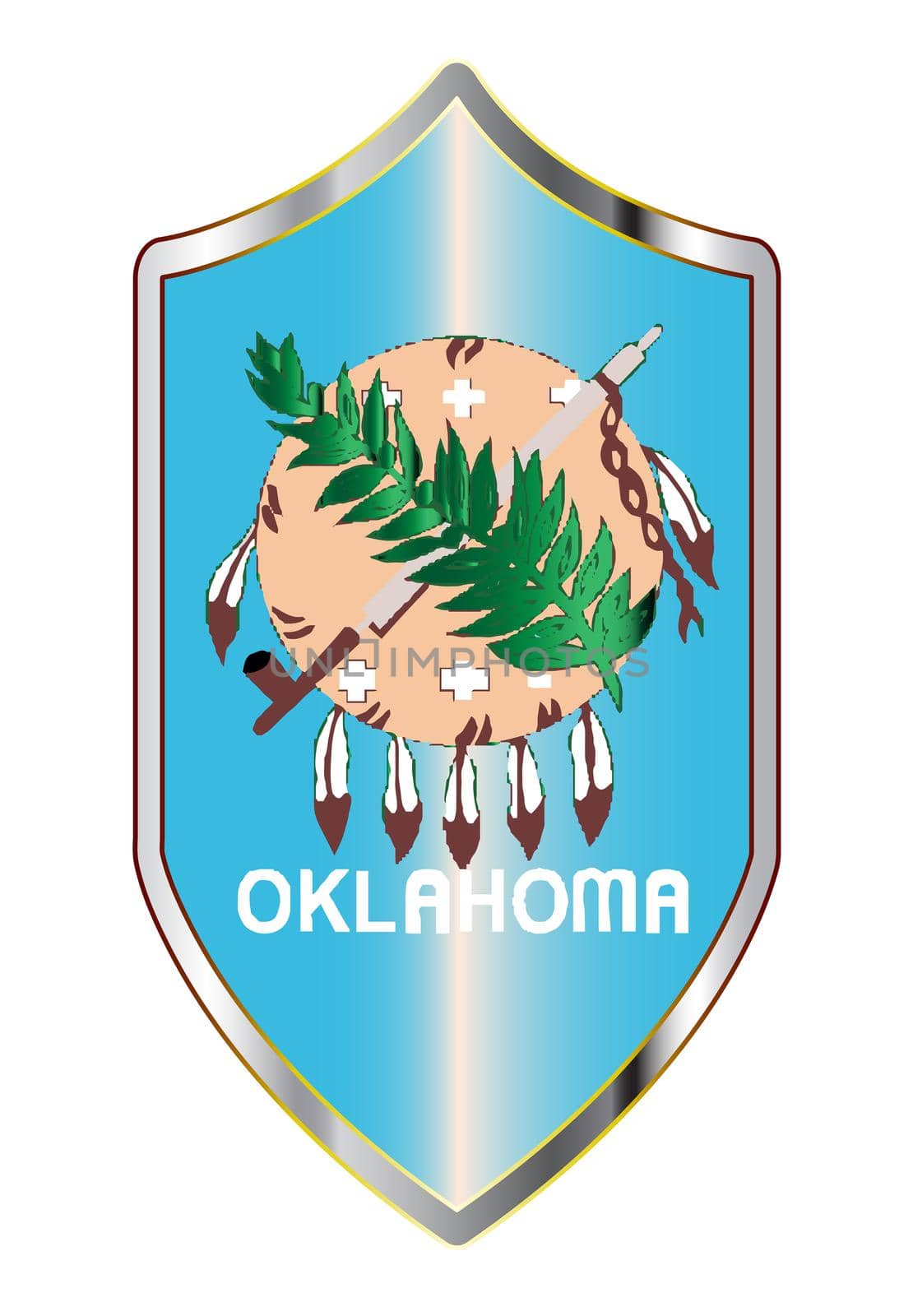 A typical crusader type shield with the state flag of Oklahoma all isolated on a white background