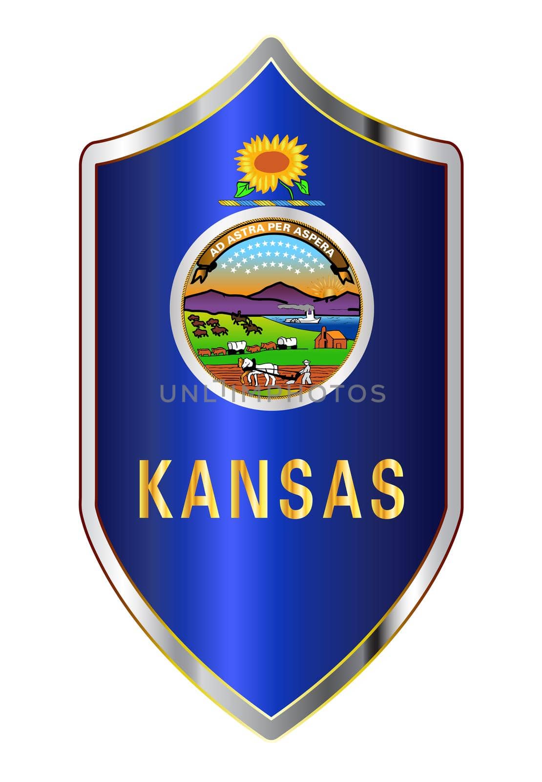A typical crusader type shield with the state flag of Kansas all isolated on a white background