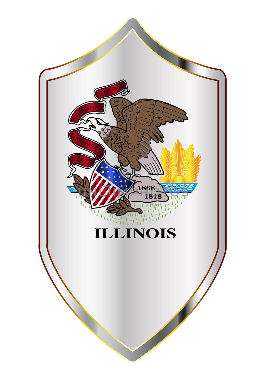 A typical crusader type shield with the state flag of Illinois all isolated on a white background