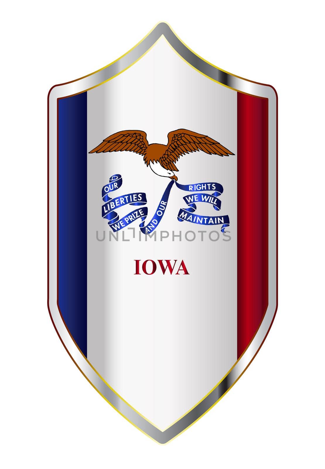 A typical crusader type shield with the state flag of Iowa all isolated on a white background