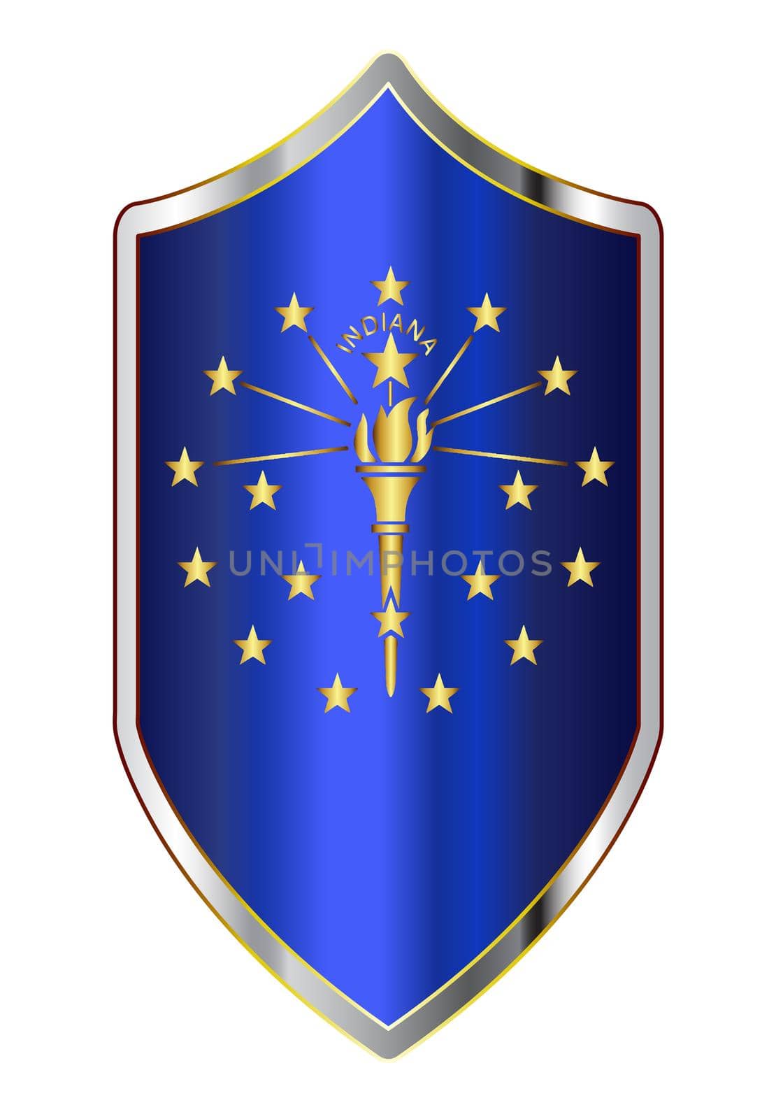 A typical crusader type shield with the state flag of Indiana all isolated on a white background