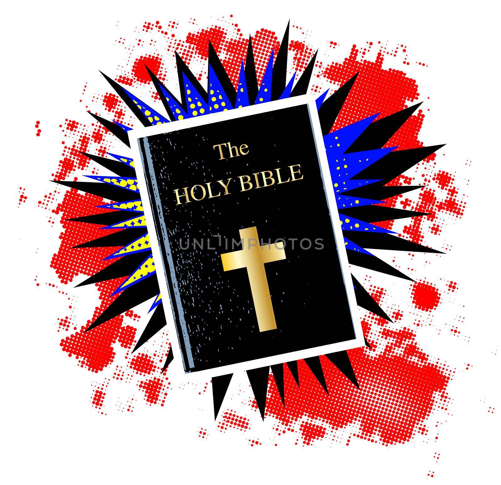 A comic cartoon style boom explosion set with the Holy Bible over a white background