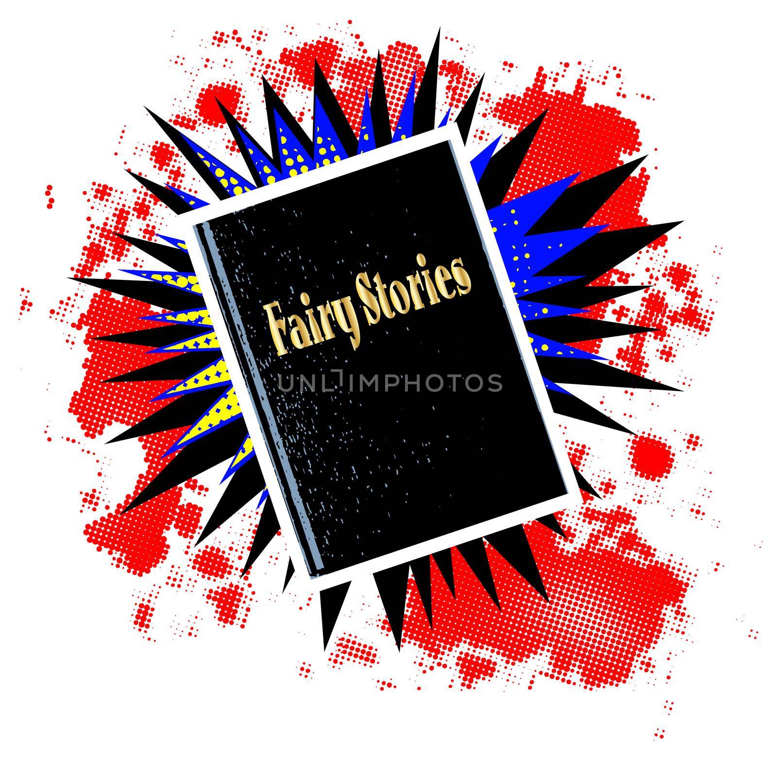 A comic cartoon style boom explosion set with a fairy stories book over a white background