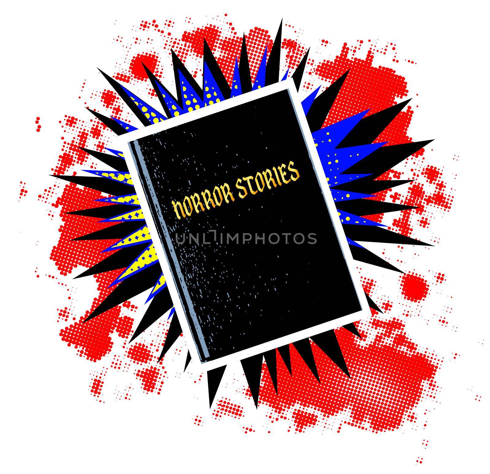 A comic cartoon style boom explosion set with a horror stories book over a white background