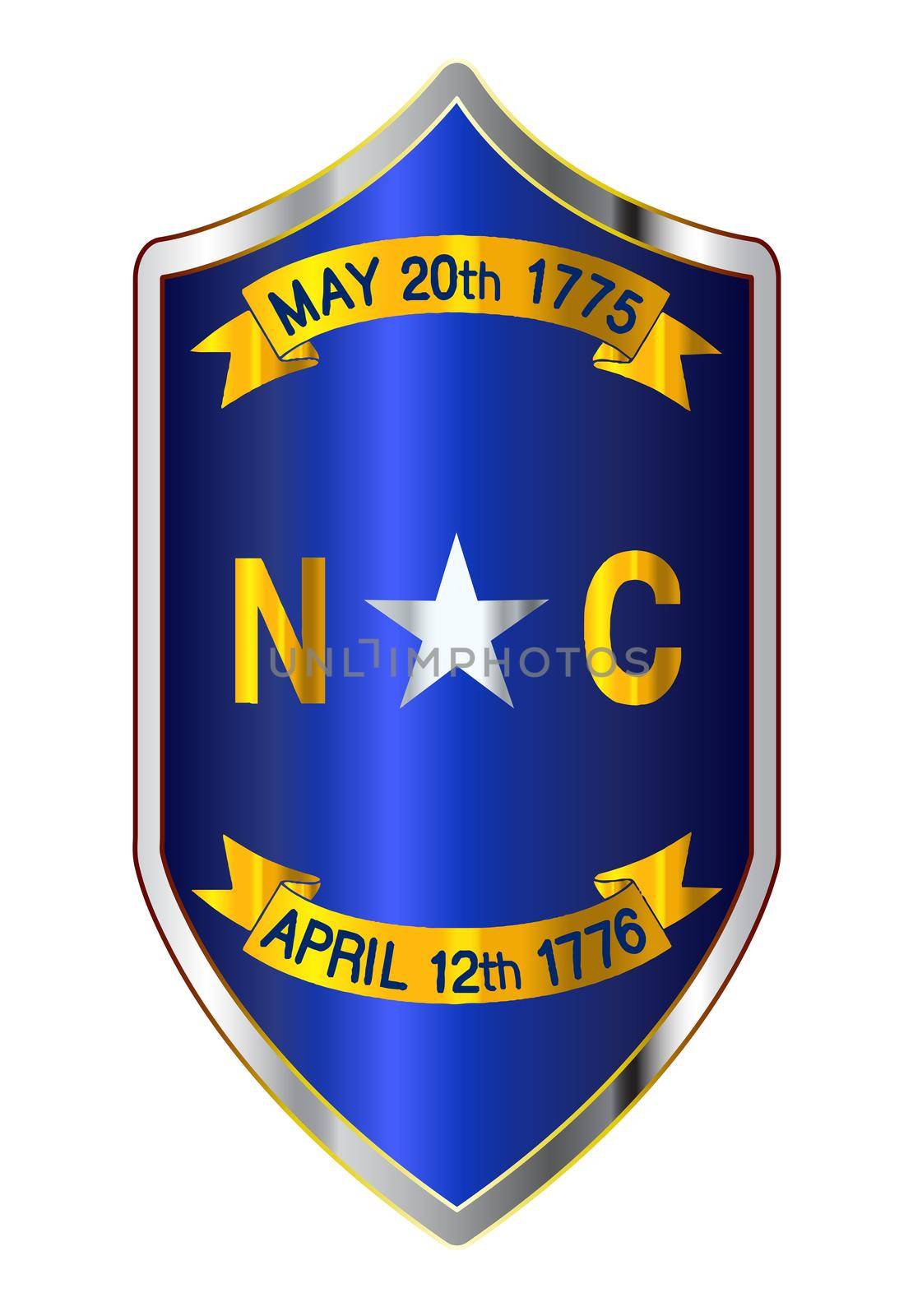 A typical crusader type shield with the state flag of North Carolina all isolated on a white background