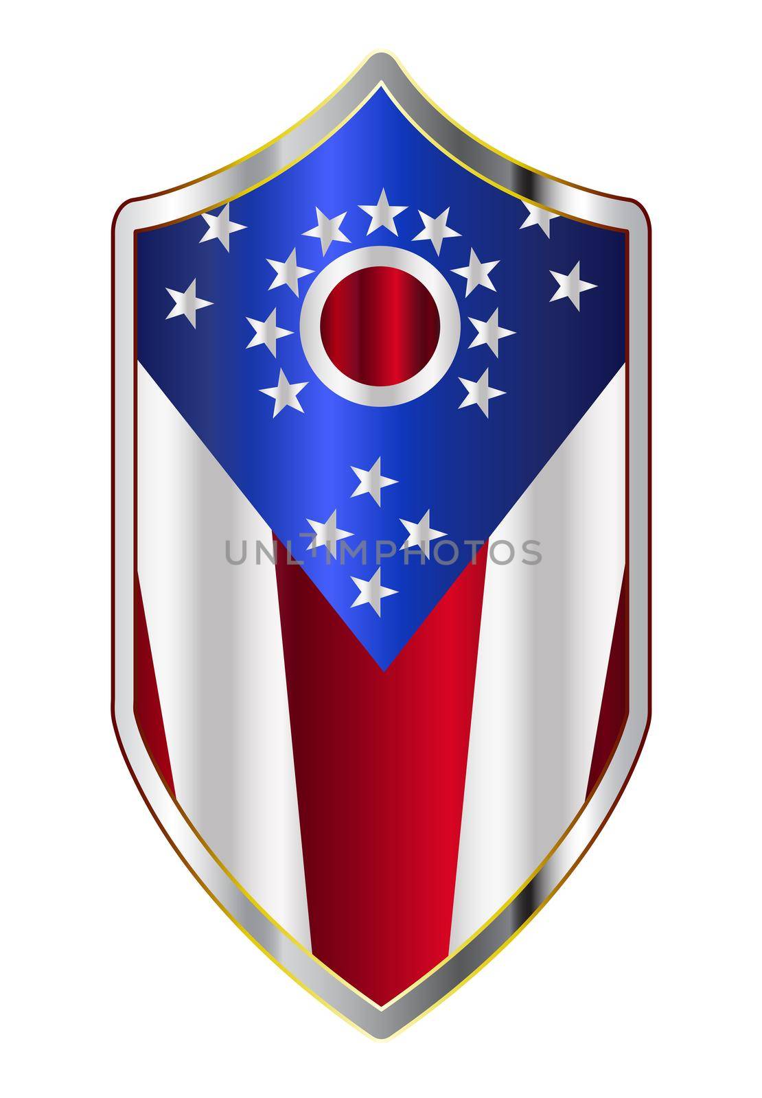 A typical crusader type shield with the state flag of Ohio all isolated on a white background