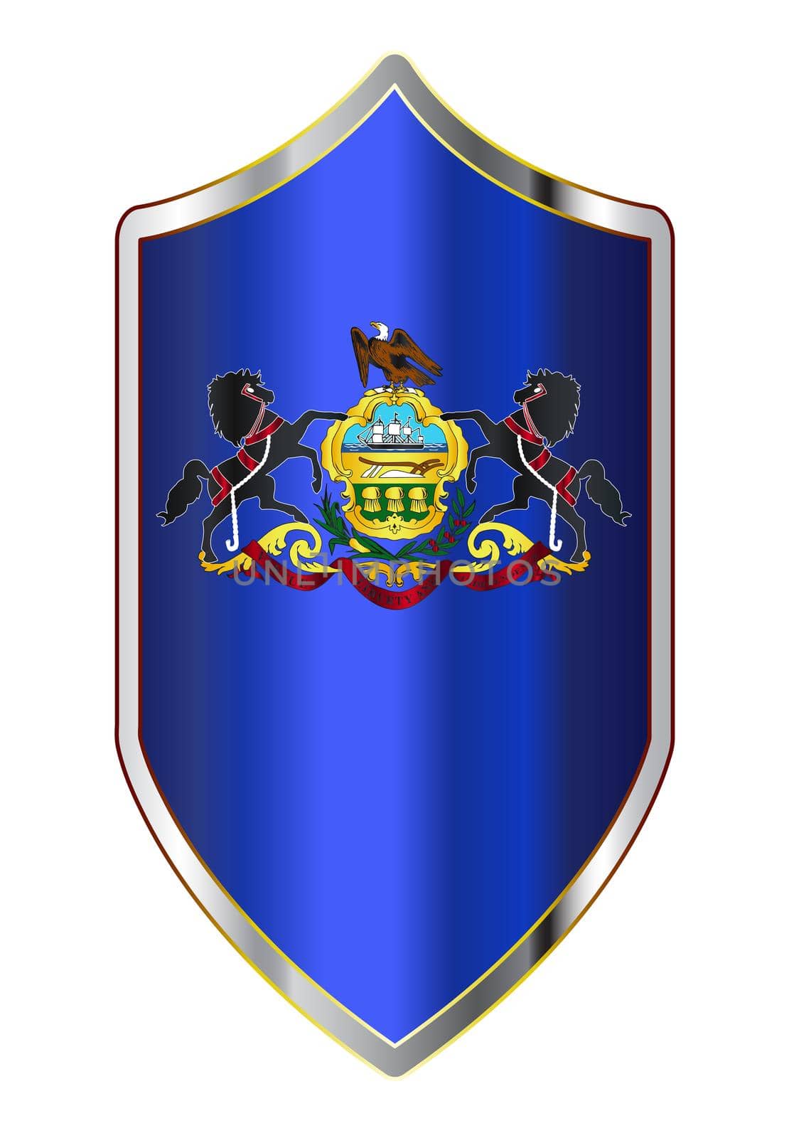 A typical crusader type shield with the state flag of Pennsylvania all isolated on a white background