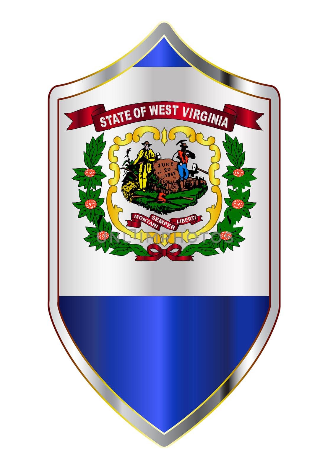 A typical crusader type shield with the state flag of West Virginia all isolated on a white background