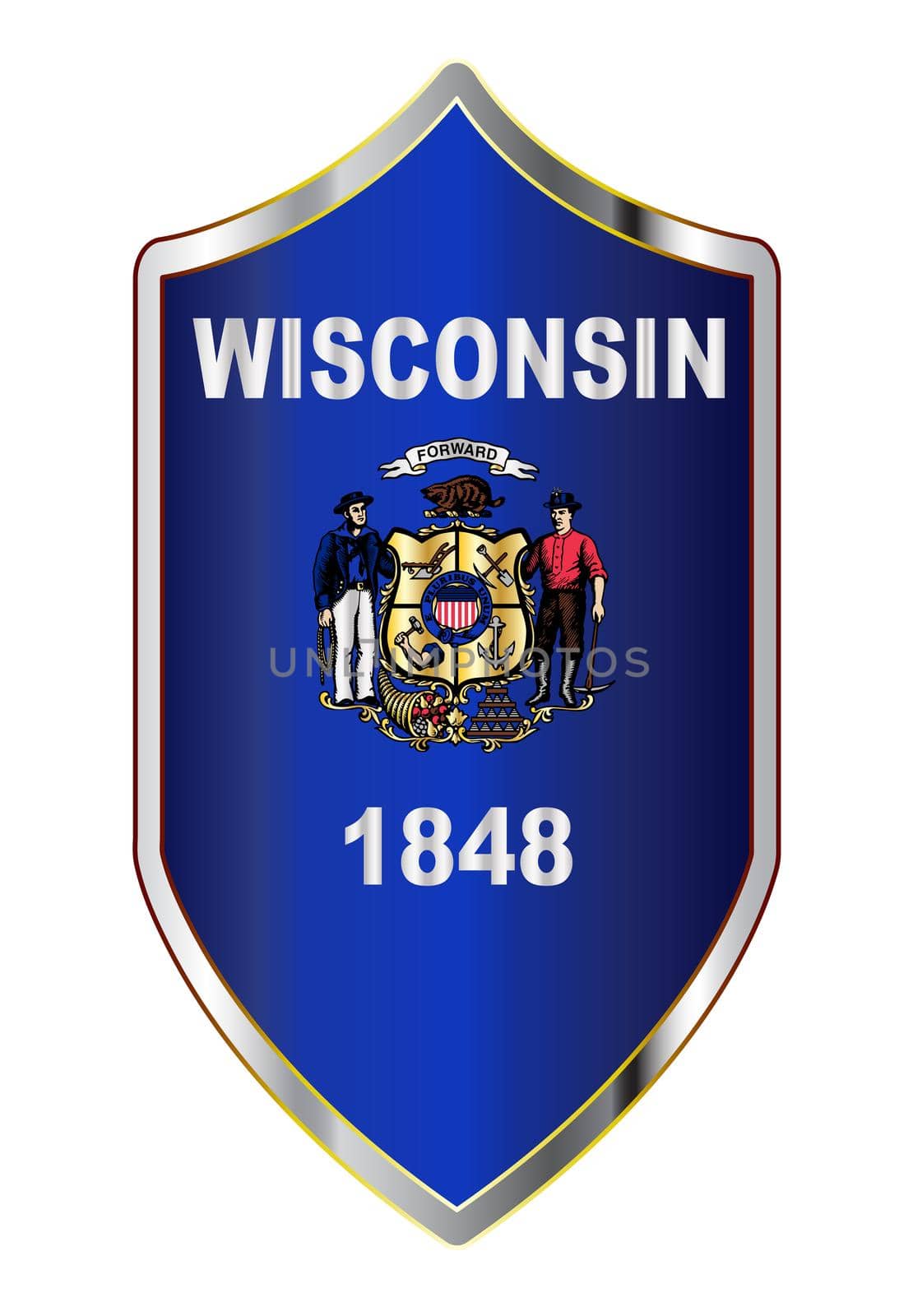 A typical crusader type shield with the state flag of Wisconsin all isolated on a white background