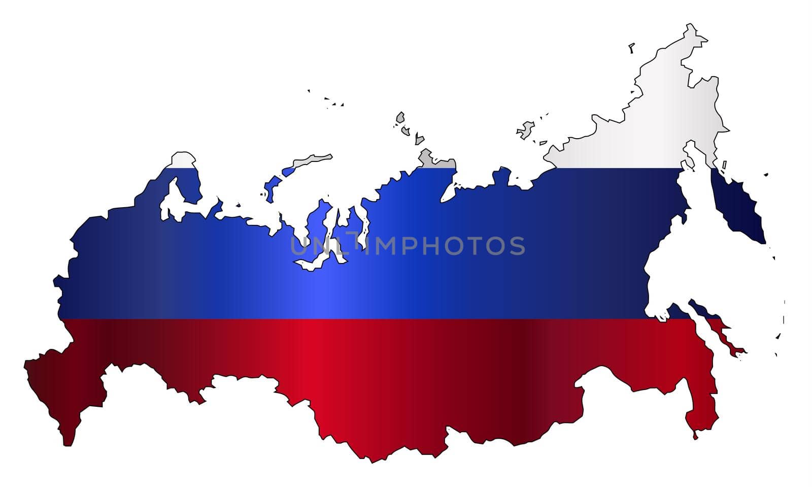 Map of Russia with red white and blue flag silhouette over a white background