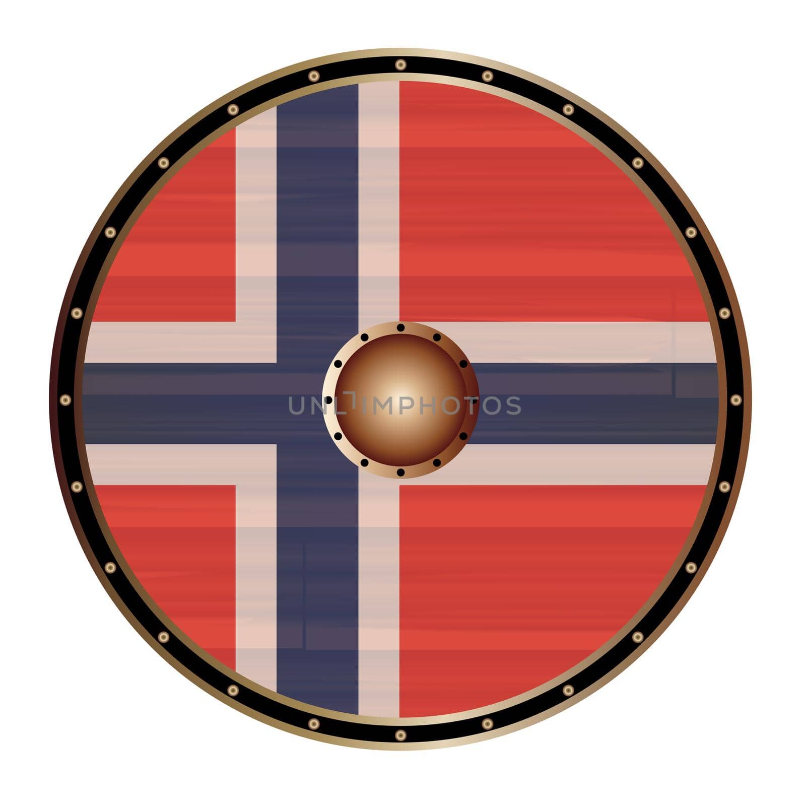 A Viking round shield with the Norwegian flag color design isolated on a white background