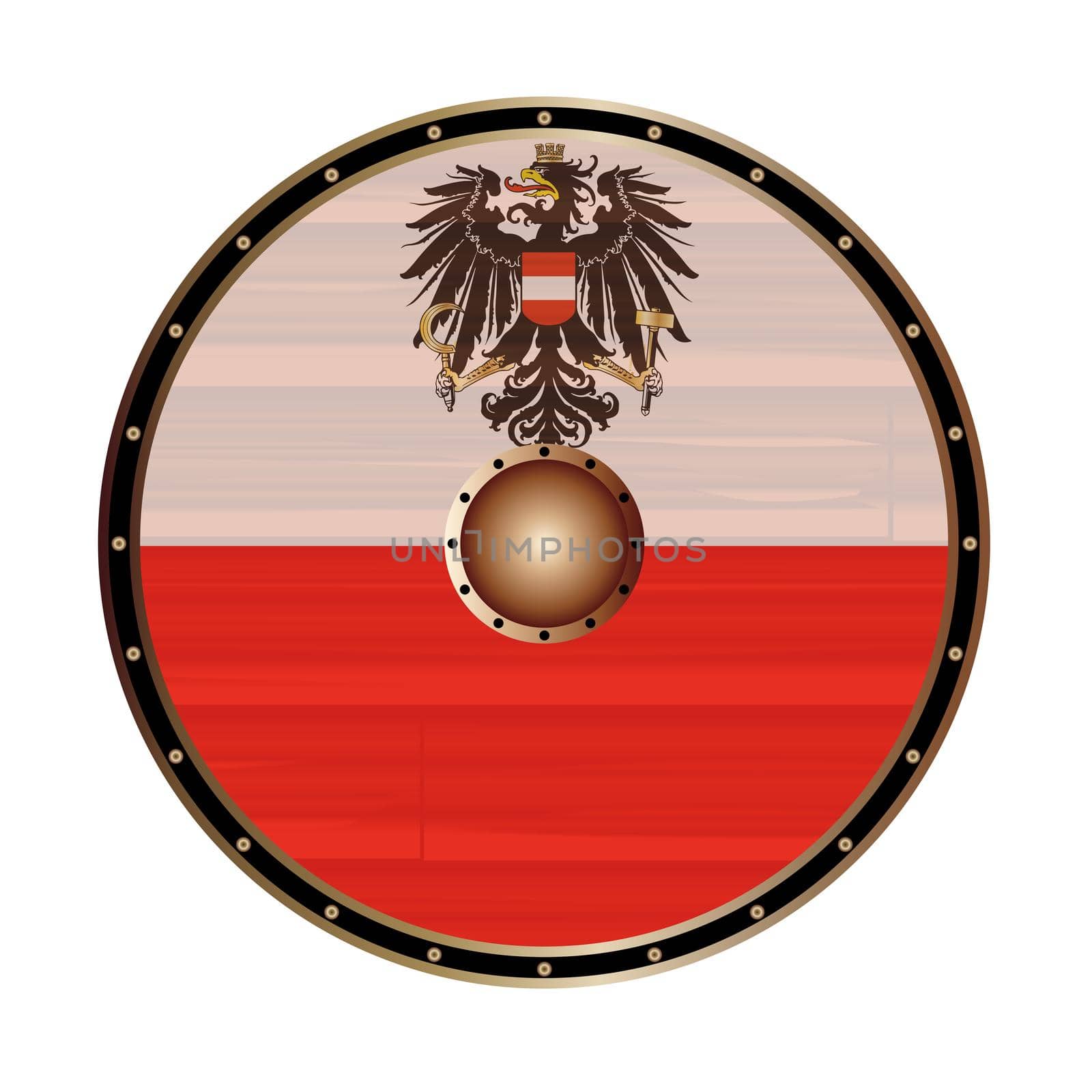 A Viking round shield with the Austrian flag color design isolated on a white background