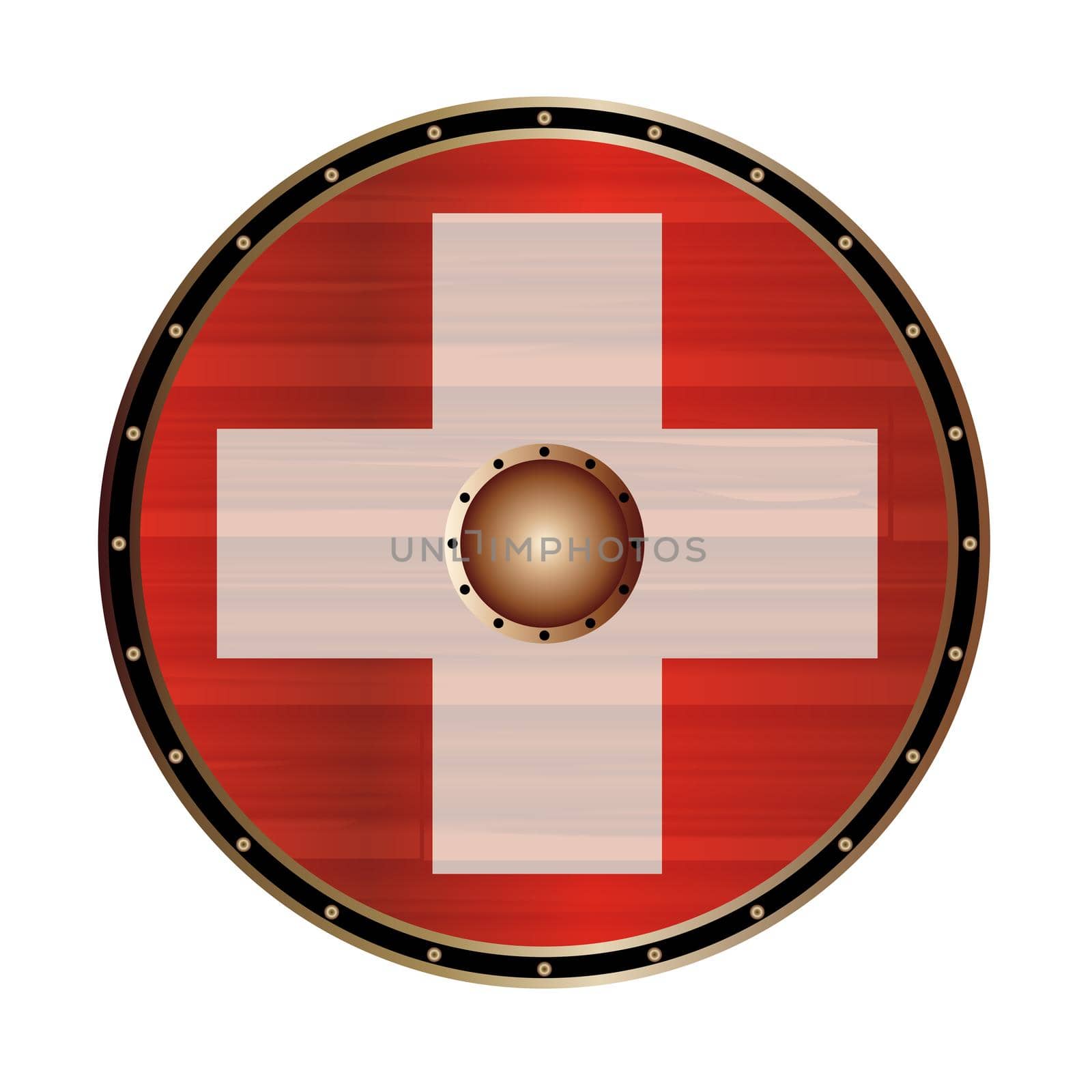 A Viking round shield with the Switzerland flag color design isolated on a white background