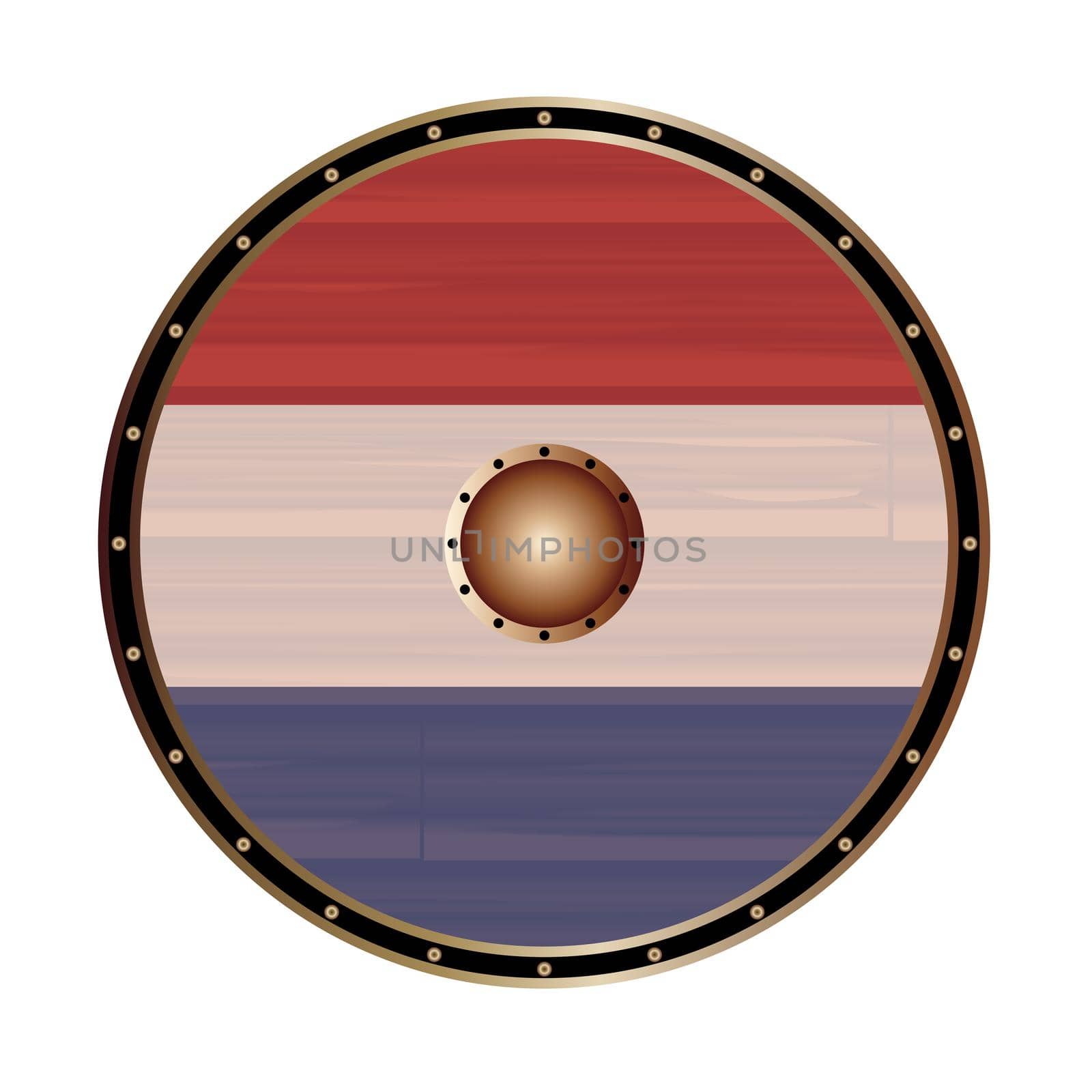 A Viking round shield with the Netherlands flag color design isolated on a white background