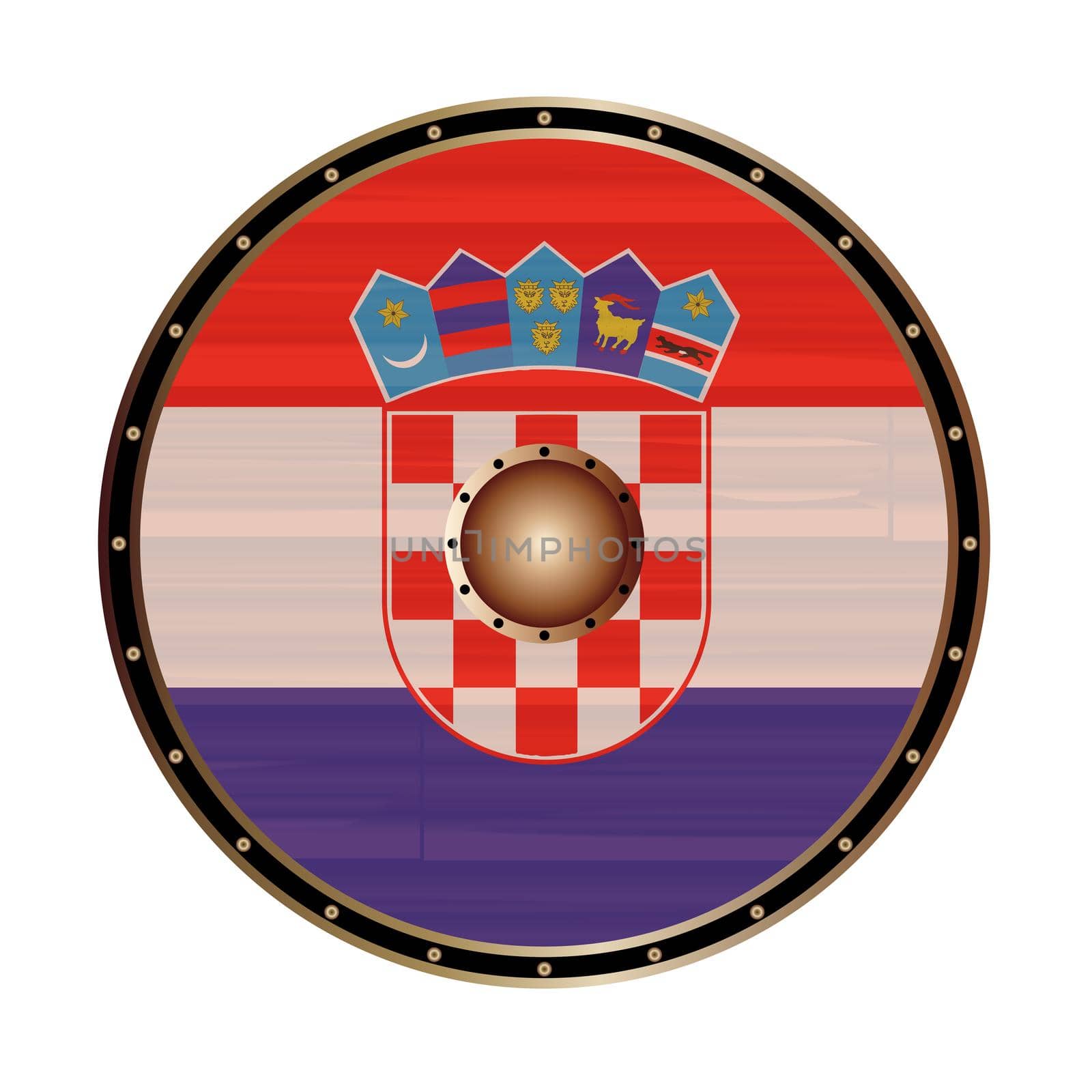 A Viking style round shield with the Croatian flag color design isolated on a white background