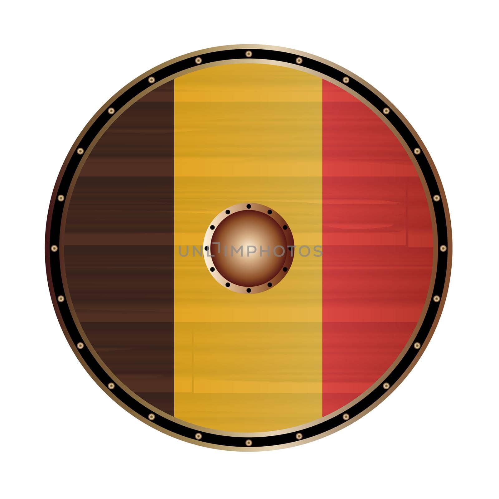 A Viking style round shield with the Belgium flag color design isolated on a white background