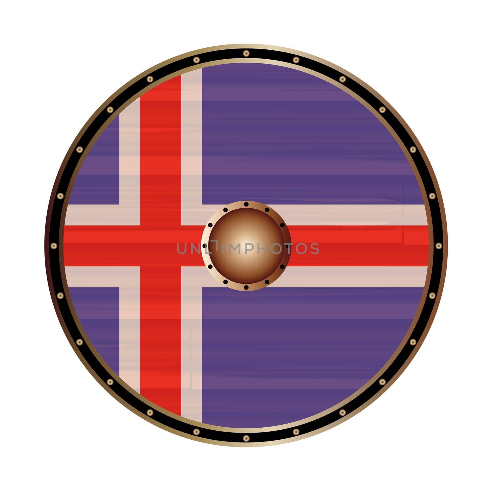 A Viking style round shield with the Iceland flag color design isolated on a white background