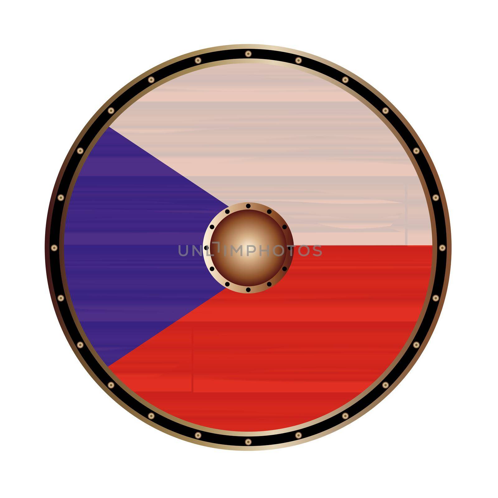 A Viking style round shield with the Czech Republic flag color design isolated on a white background