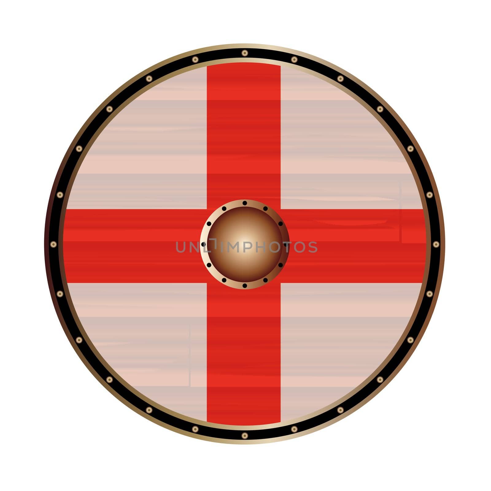 A Viking style round shield with the English flag isolated on a white background