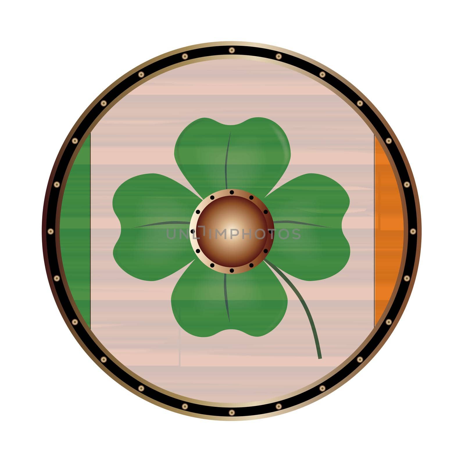 A Viking style round shield with the Irish flag isolated on a white background
